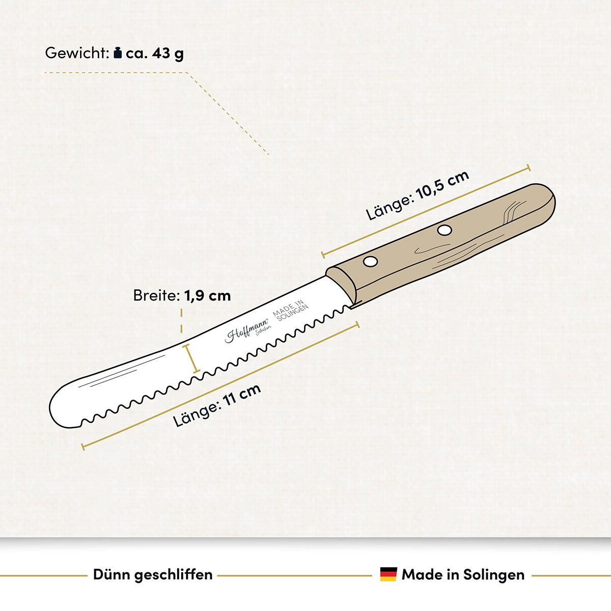 Hoffmann Germany Brotzeitmesser Buckelsmesser Solingen 11 cm Buchenholzgriff – Wellenschliff (4 Stück), Wellenschliff, Buchenholzgriff, Frühstück & Brotzeit