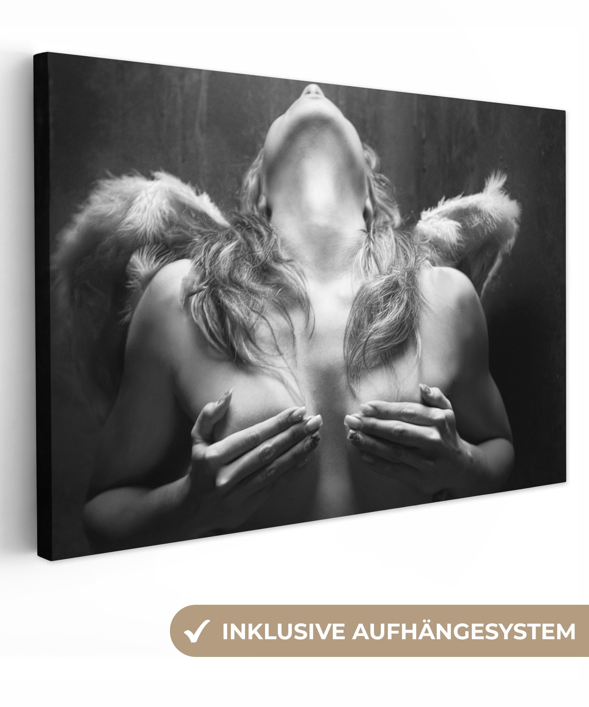 OneMillionCanvasses® Leinwandbild Frau - Engel - Federn - Porträt - Schwarz-Weiß, (1 St), Wandbild Leinwandbilder, Aufhängefertig, Wanddeko, 30x20 cm