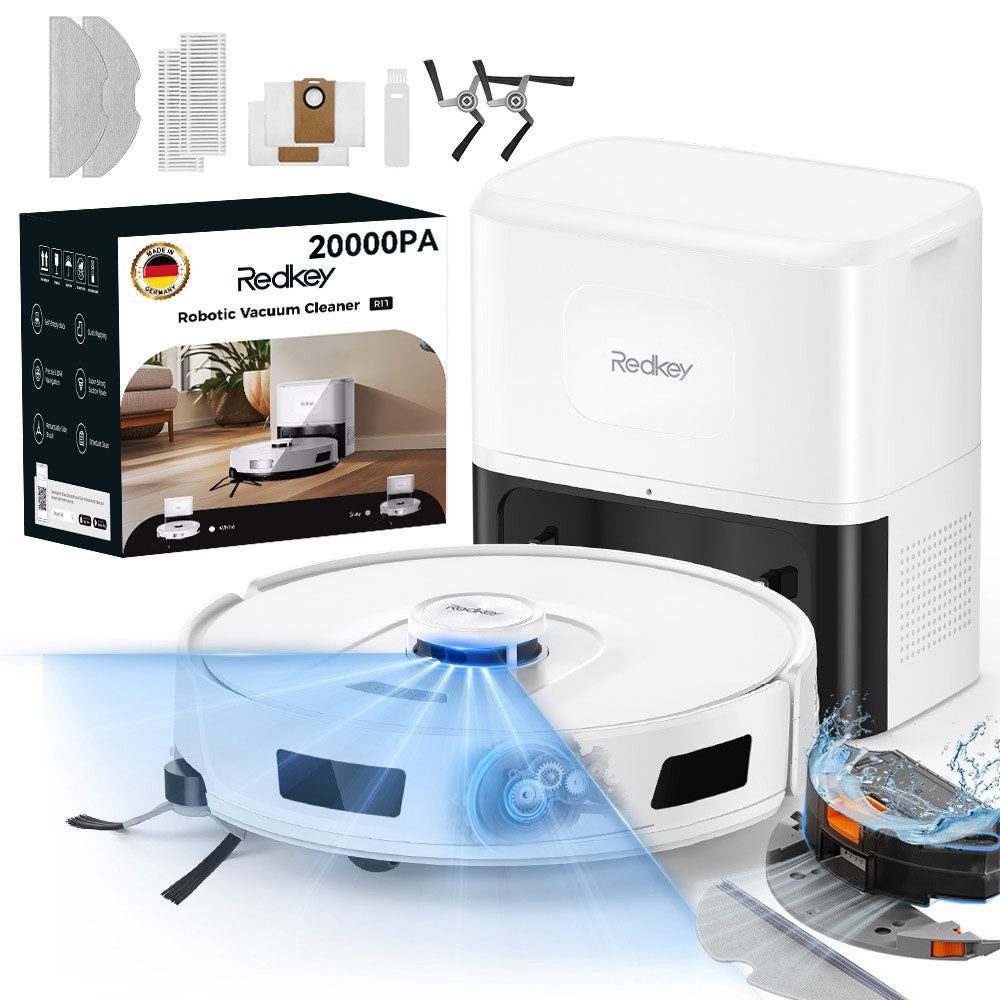 Redkey Saugroboter 20000 Pa 2025 Saugroboter mit Wischfunktion und Absaugstation AI App, 36 W, beutellos,mit Beutel, mit Staubabsaug-undSelbstreinigungsfunktion, Appsteuerung