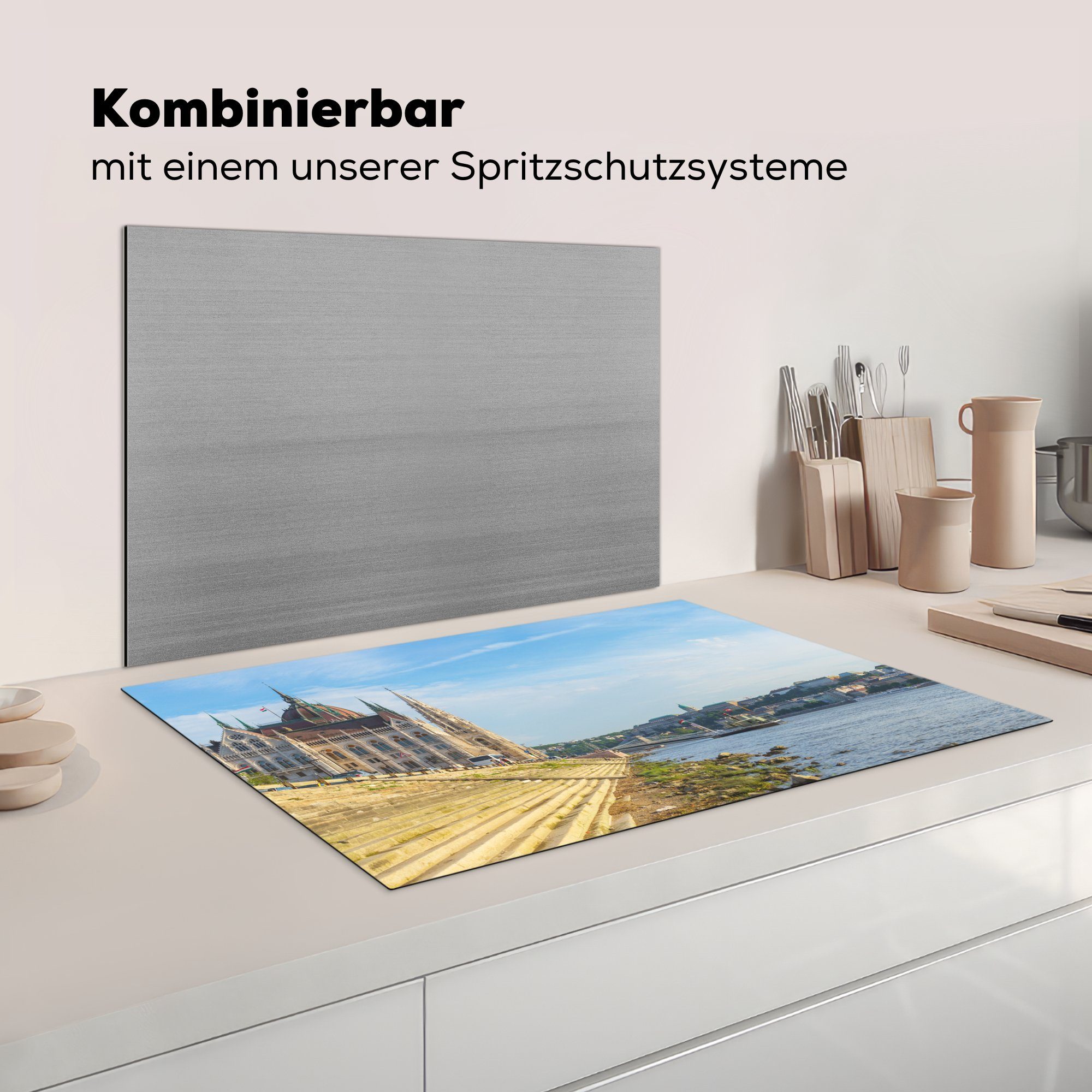 81x52 sonnigen an Parlamentsgebäude ungarische Induktionskochfeld für Tag, Vinyl, MuchoWow die tlg), Das Schutz Ceranfeldabdeckung küche, Herdblende-/Abdeckplatte cm, (1 einem