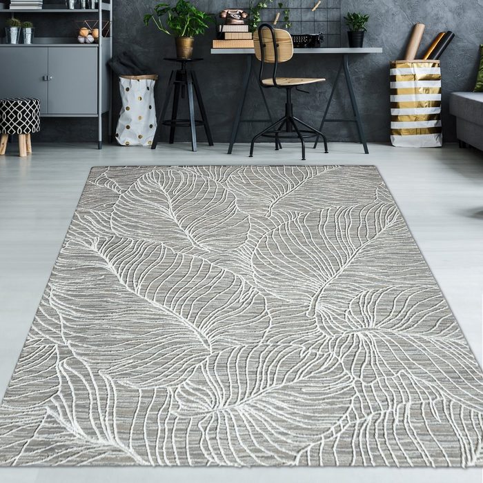 Teppich Recycle Teppich angenehm weich Blätterdesign in creme grau TeppichHome24 rechteckig