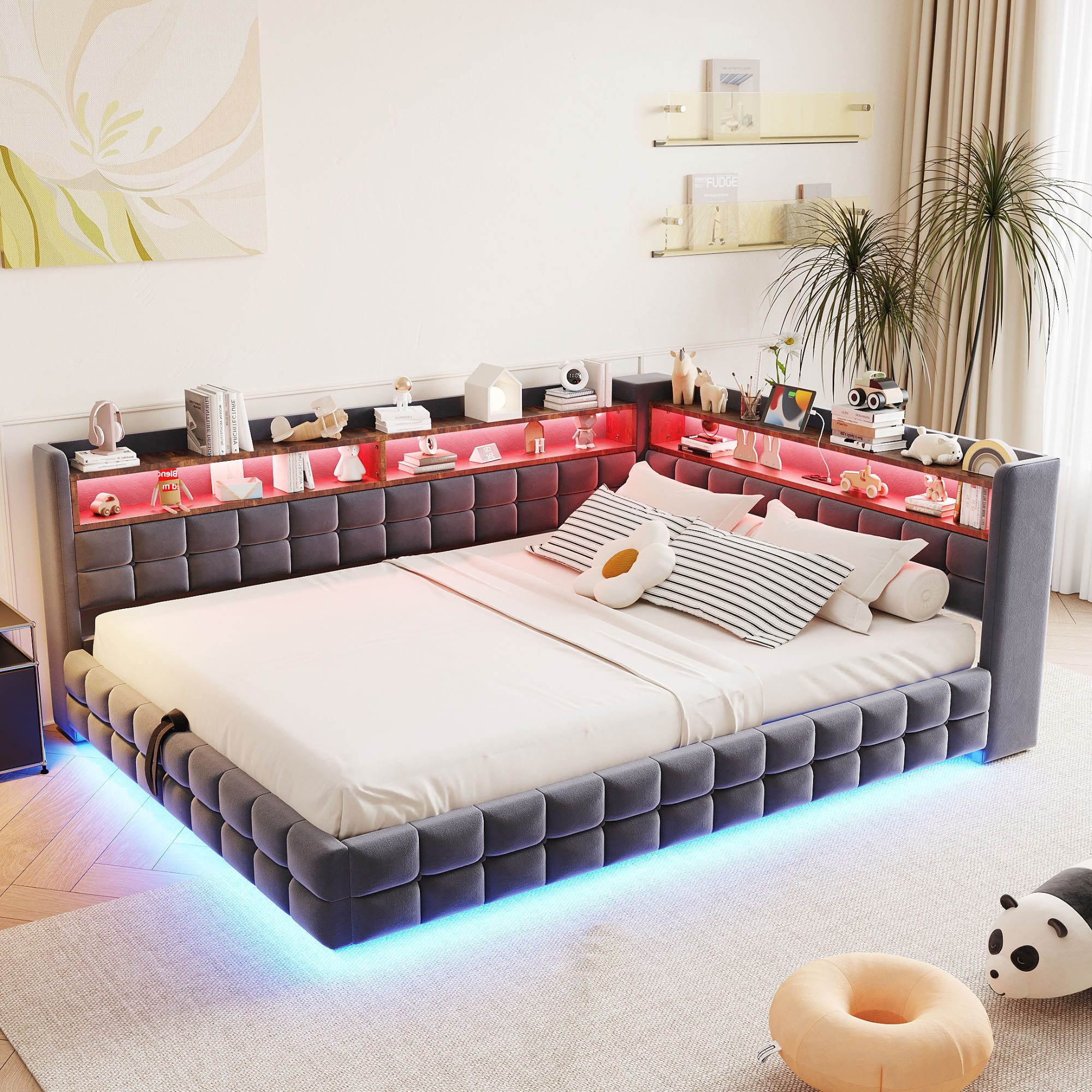 Merax Daybett Polsterbett mit LED-Lichtleiste, Steckdose und USB & Typ-C Anschlüssen (Jugendbett Einzelbett Sofabett, 1 tlg), Tagesbett 140x200cm mit hydraulisc – Bild 3 von 5