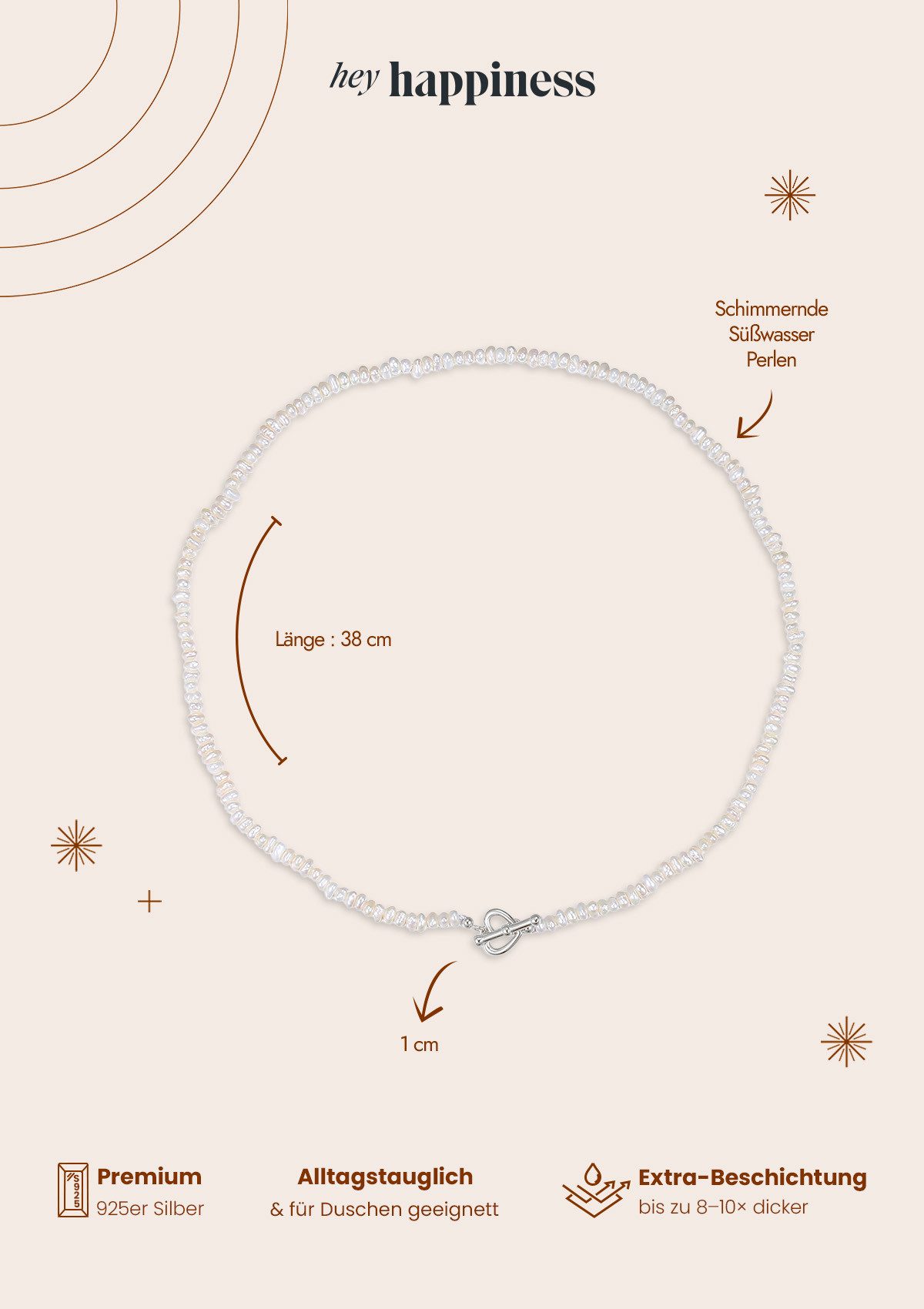 Hey Happiness Perlenkette Choker Damen, echte Süßwasserperlen, Herz & Knebelverschluss aus 925 Silber