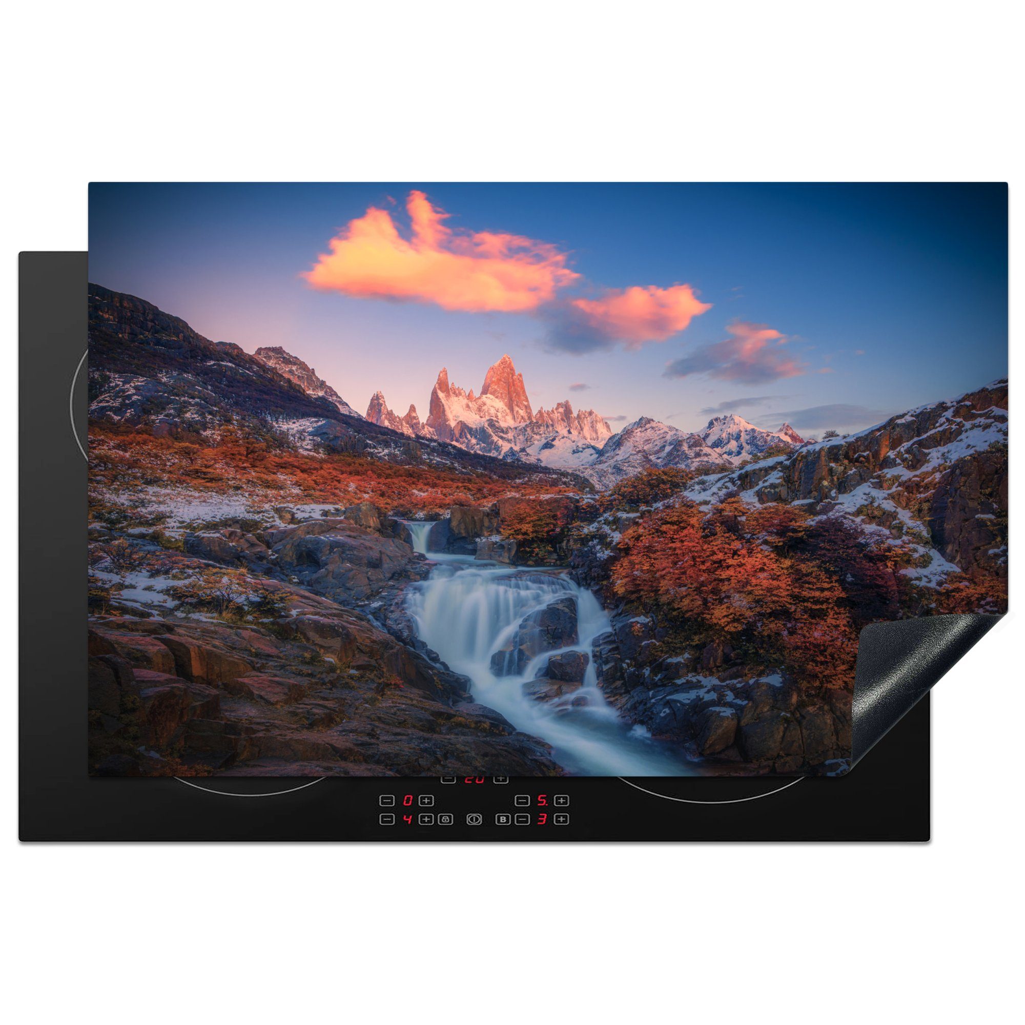 MuchoWow Herdblende-/Abdeckplatte Wasserfall in einer Berglandschaft vor dem Cerro Chaltén in, Vinyl, (1 tlg), 81x52 cm, Induktionskochfeld Schutz für die küche, Ceranfeldabdeckung