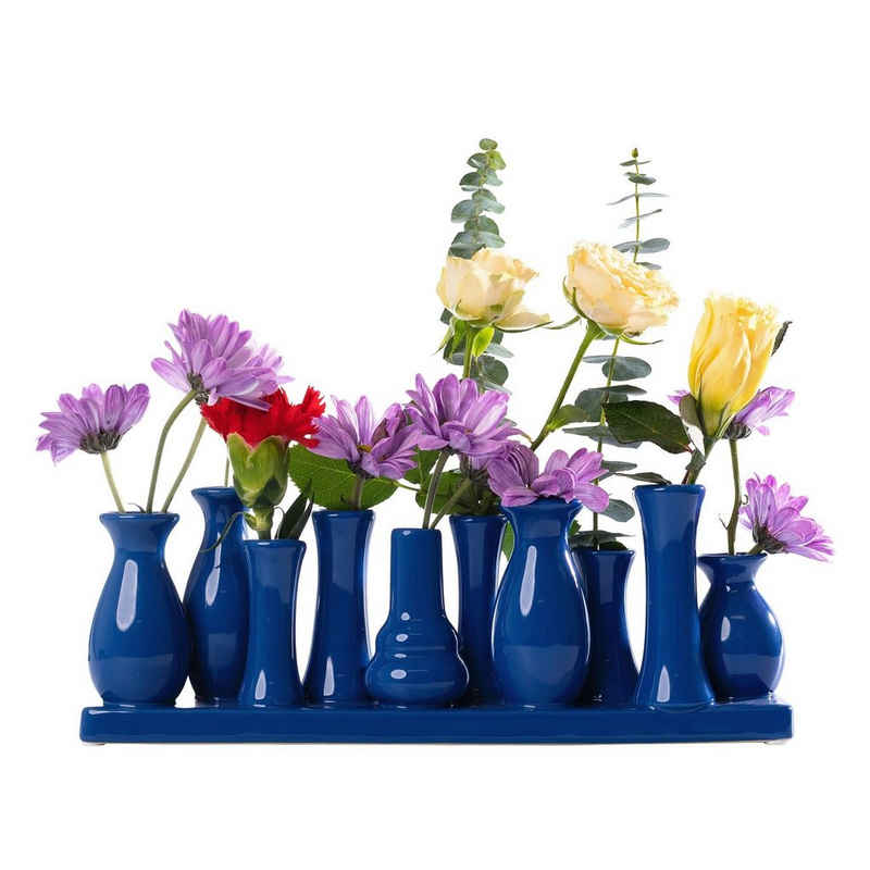 Jinfa Dekovase Handgefertigte kleine Keramik Deko Blumenvasen (10 Vasen Set blau), verbunden auf auf einem Tablett