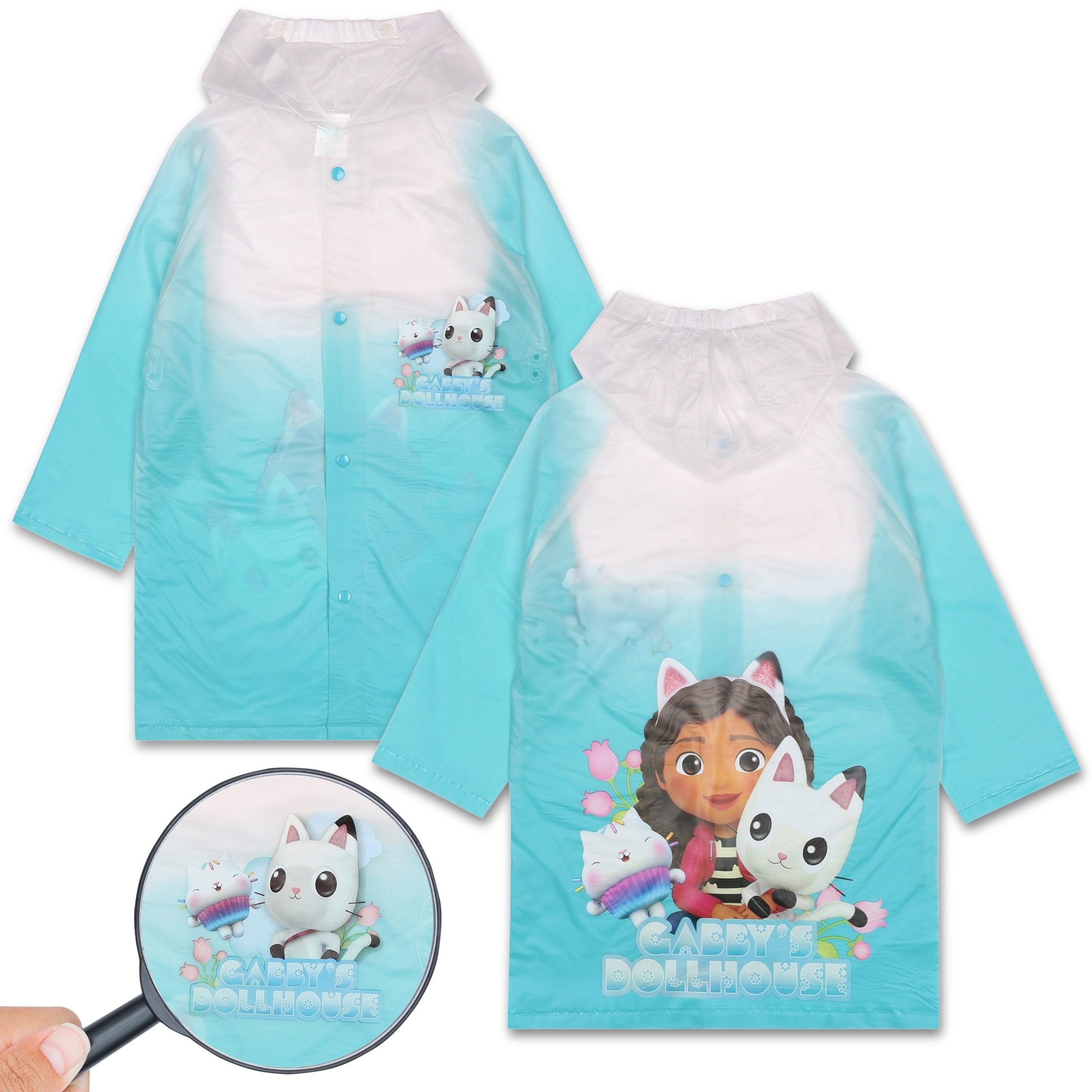 Regenjacke Gabby's Dollhouse Blau-weißer Mädchen Regenmantel mit Kapuze 4-5 Jahre