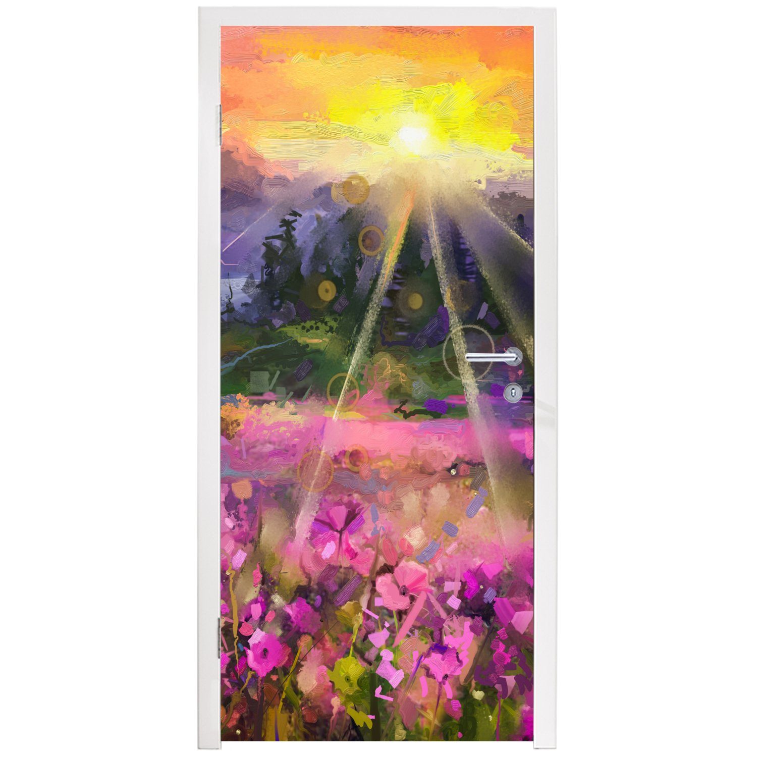 MuchoWow Blumen Sonne, - Türaufkleber, - für 75x205 Tür, - Fototapete St), Matt, Gemälde Türtapete (1 Natur bedruckt, - Ölfarbe cm