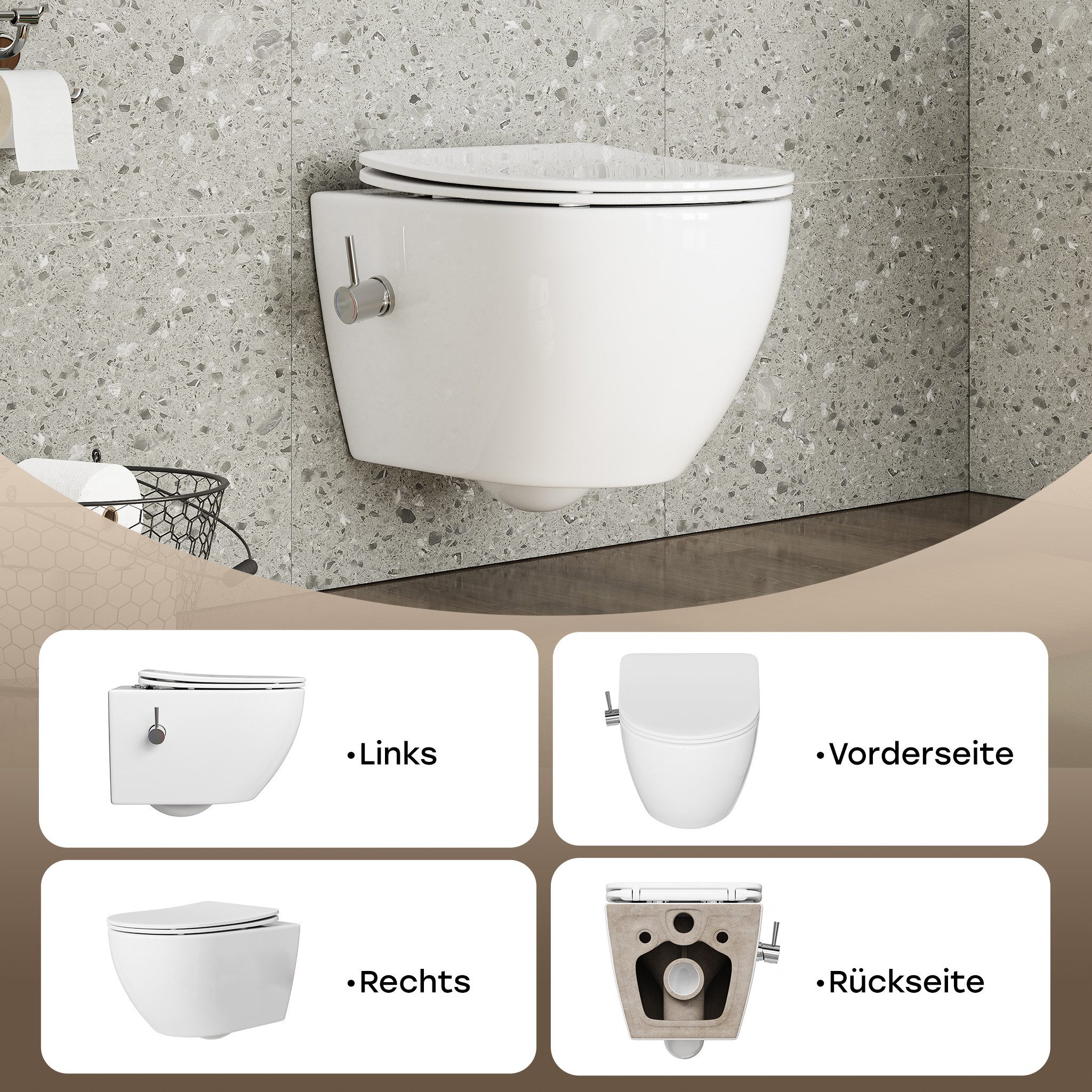 HOROW Dusch-WC Taharet -WC mit Softclose Toilettensitz, spülrandlose Toilette, Toilette mit Bidet-Funktion, Abgang waagerecht, Set, Wand-WC mit WC-Sitz Absenkau – Bild 4 von 5