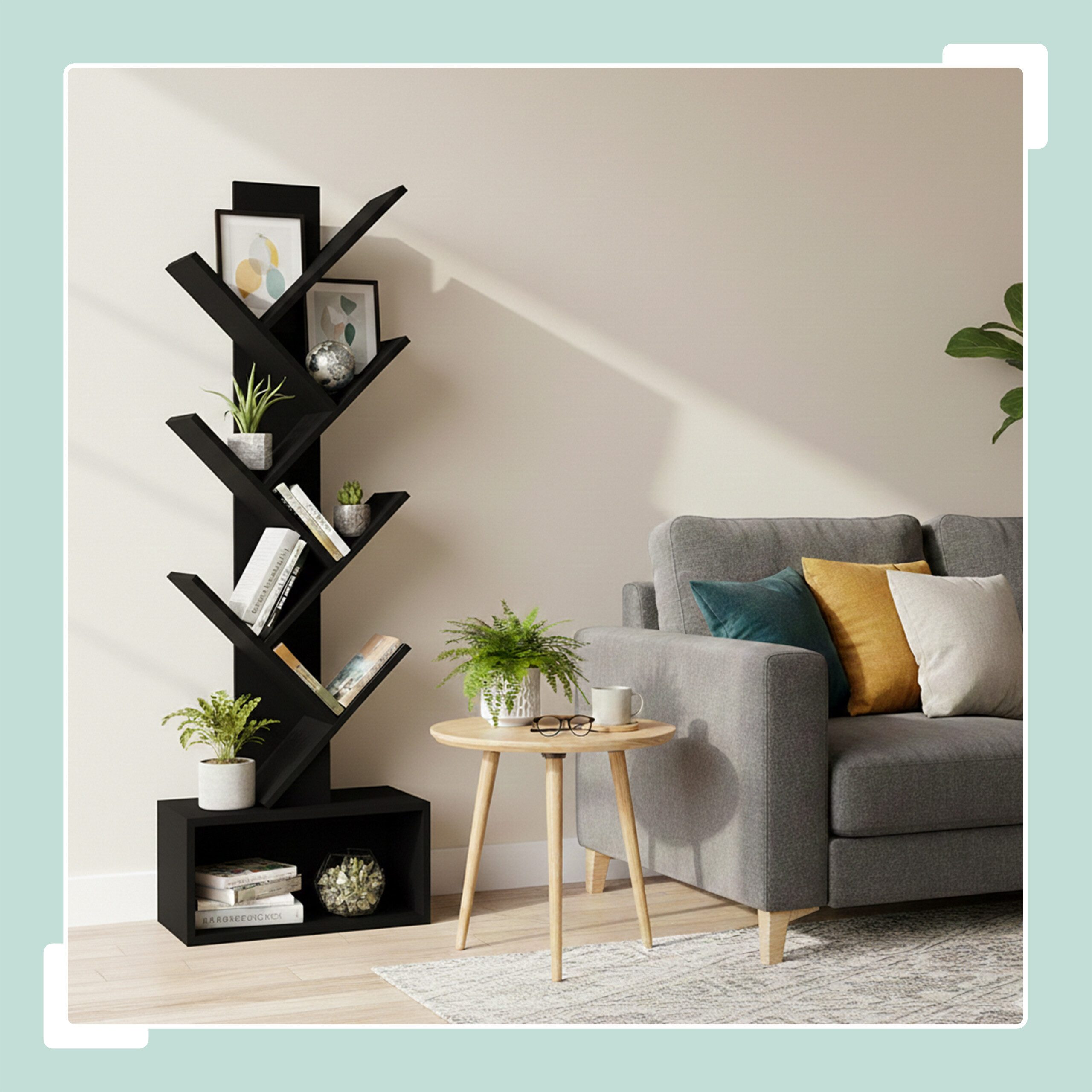 relaxdays Bücherregal 6 Ebenen Baum Desig, schwarz