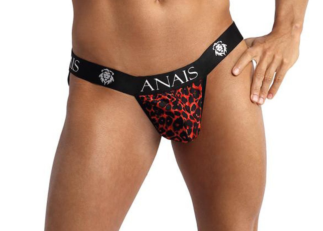 String Herren Jock Strap schwarz rot aus glattem blickdichtem Stoff mit Leopa
