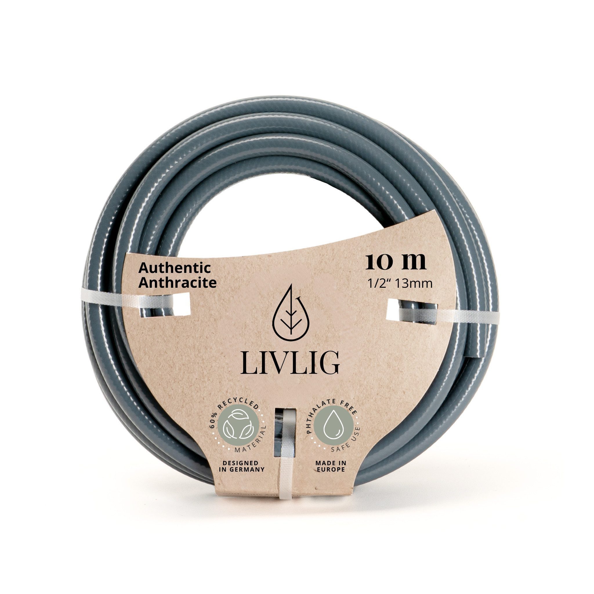 LIVLIG Gartenschlauch 1/2 Zoll, Schöner Gartenschlauch, Wasserschlauch 1/2 Zoll, Anthrazit, Made in Europa, Aus 60% recyceltem PVC