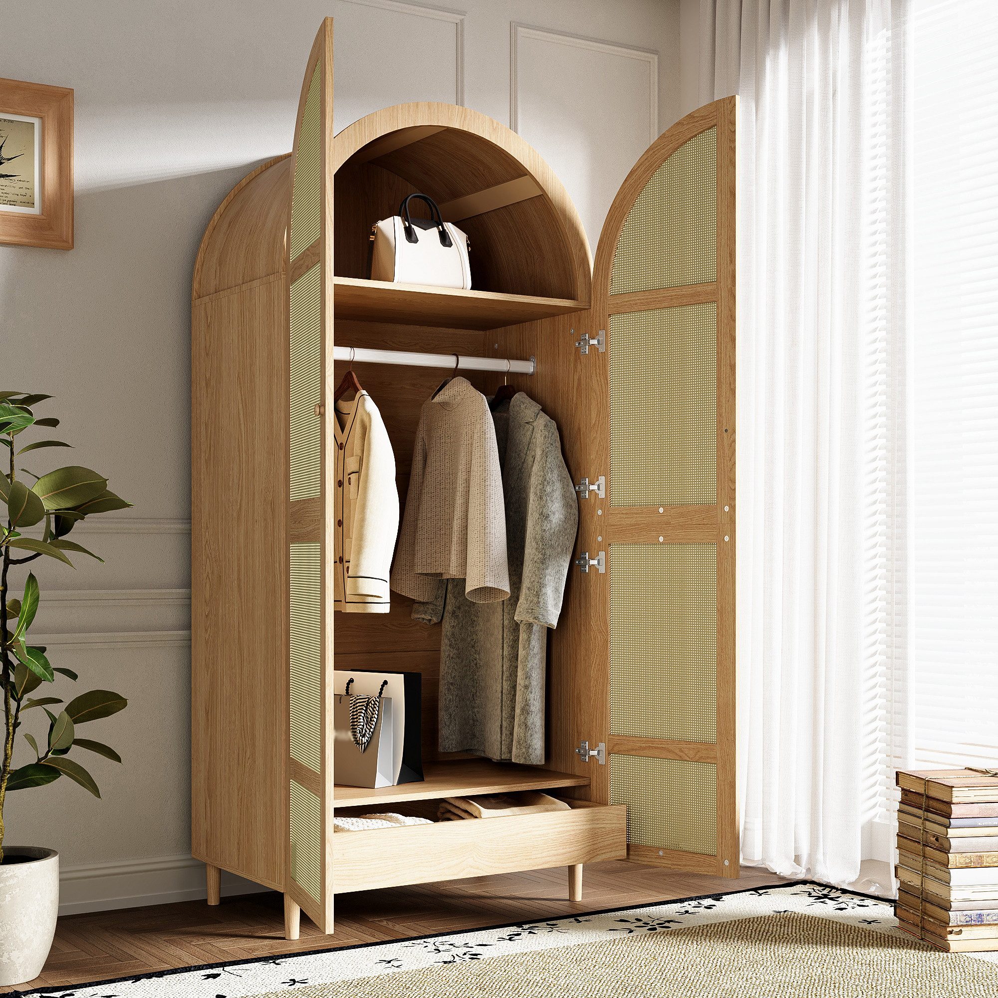 Merax Kleiderschrank mit gebogenen Türen, Rattan-Frontdesign und großem Stauraum (80 L x 50 B x 179 H cm, 1-St) Garderobenschrank Schrank mit Kleiderstange, Abl – Bild 2 von 5
