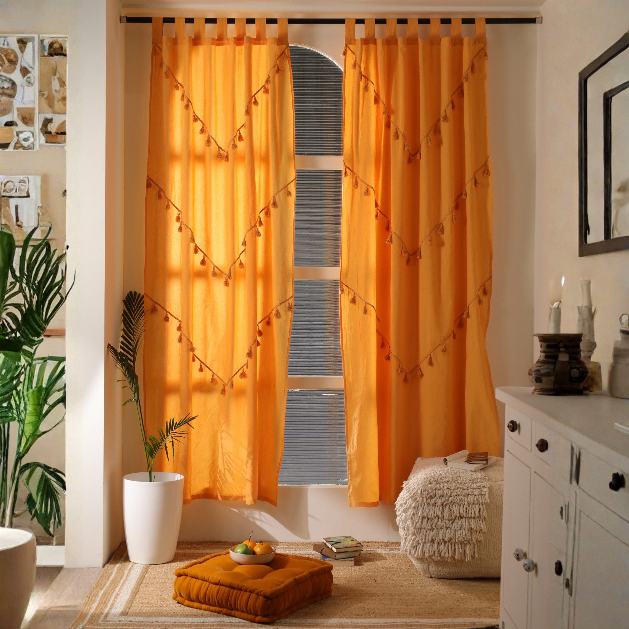 Karmandala Gardine Vorhang Boho Style Einfarbig 2-teilig - 100% Baumwolle Boho Gardinen, Handgefertigt, fair gehandelt