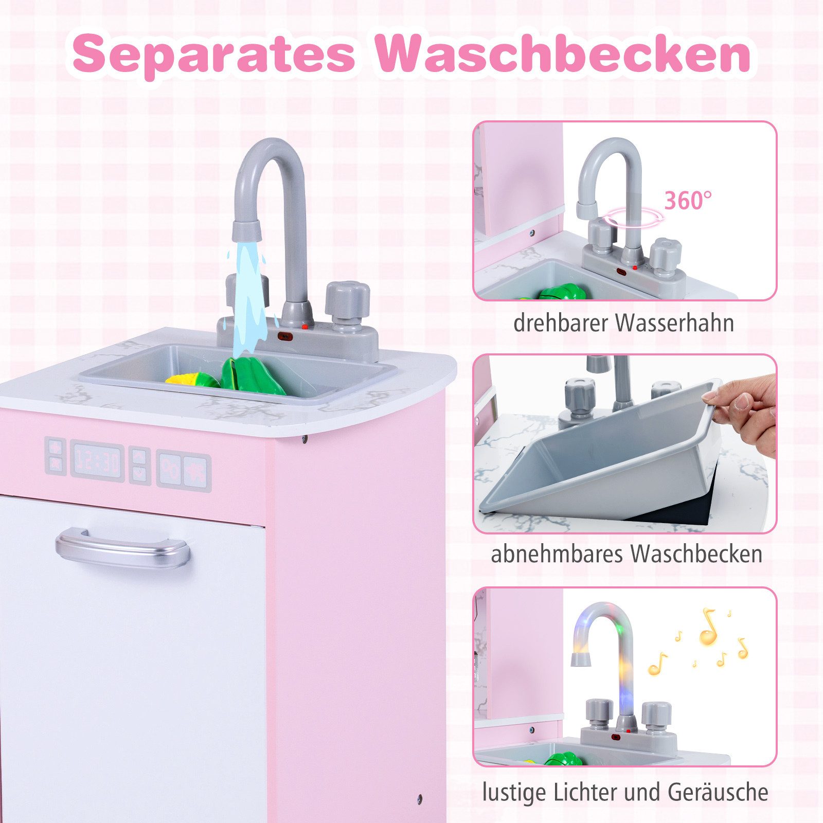 KOMFOTTEU Spielküche MDF, ABS, Kinderküche Holz mit abnehmbarem Waschbecken