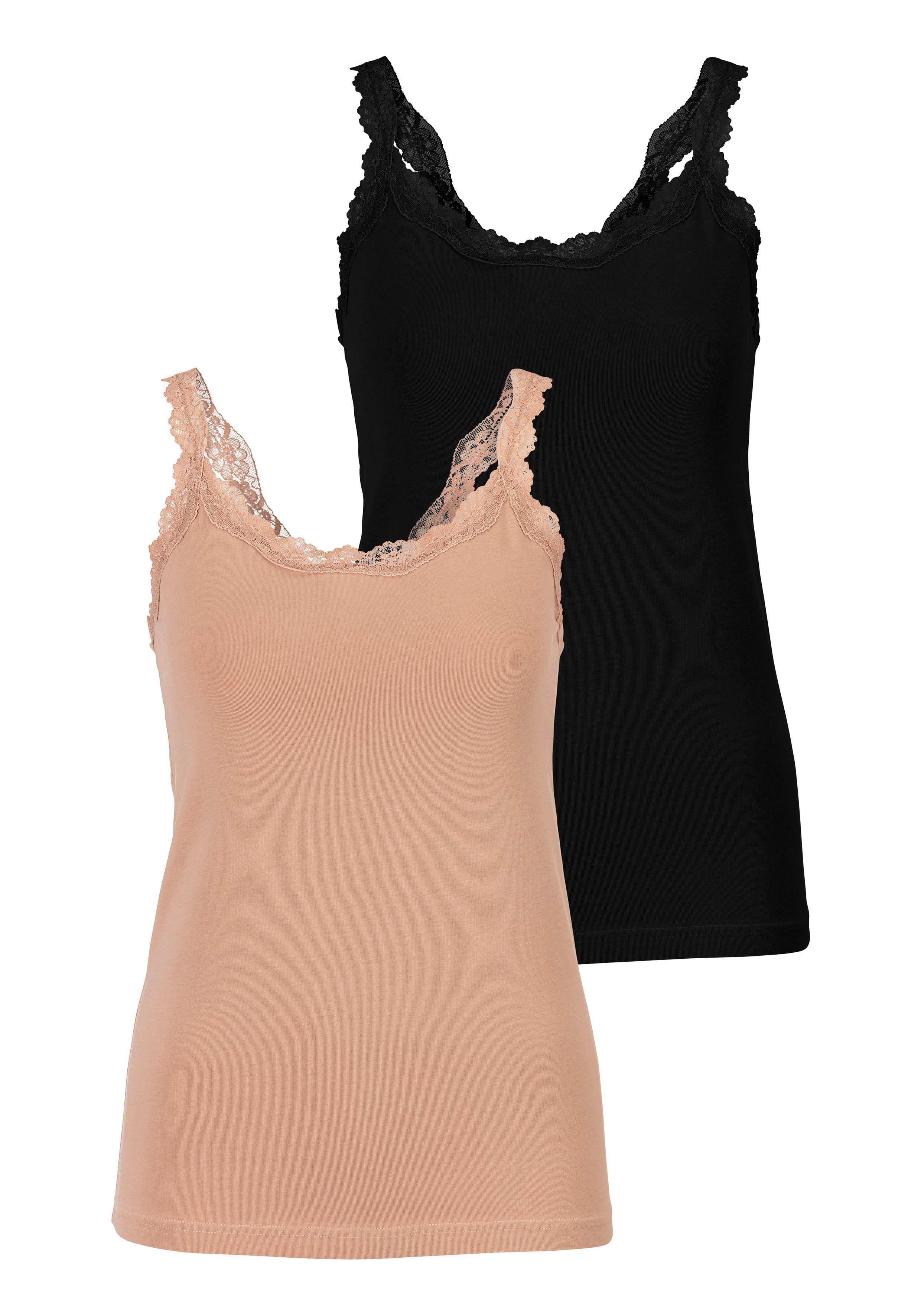 Spaghettiträger-Top, Unterhemd schwarz Unterziehshirt Bustier, (Packung, 2er-Pack) beige, 2-St., mit innenliegendem LASCANA