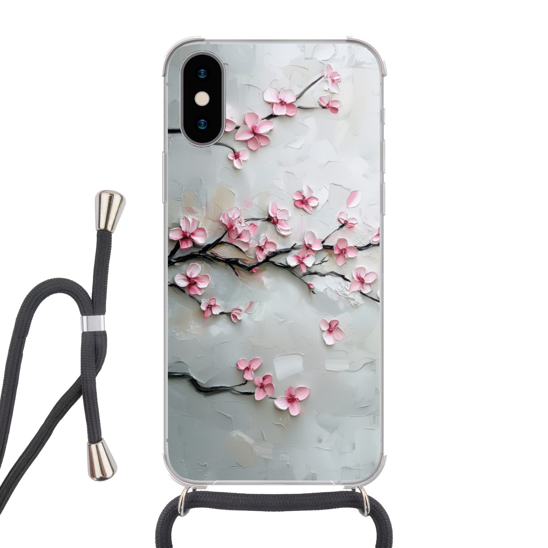 MuchoWow Handyhülle für Apple iPhone X Blüte - Künstlerisch - Rosa - Sakura, Tragbare Handyhüllen mit Kette zum umhängen, Handykette Handyband