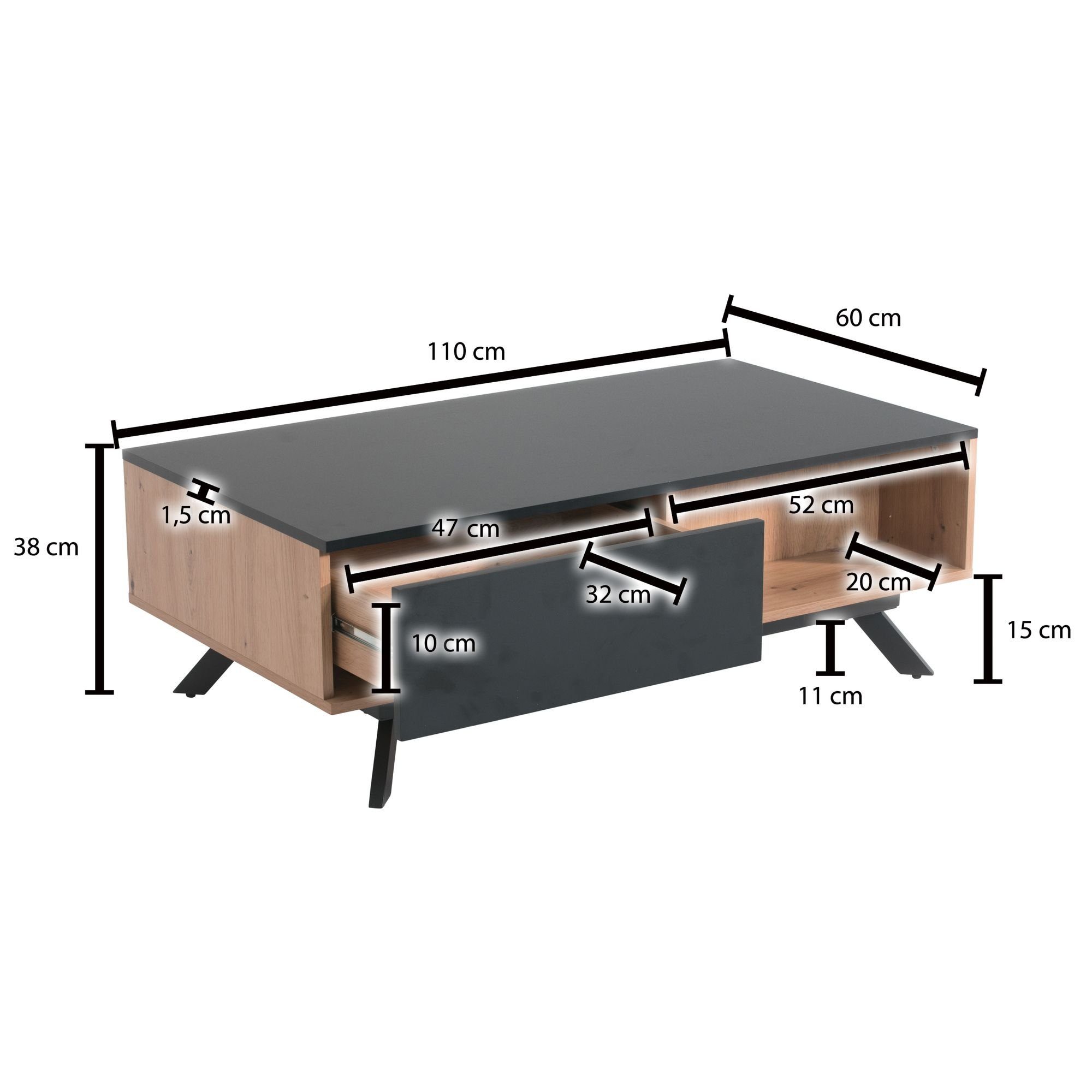 FINEBUY Couchtisch Schubladen, MDF mit Eiche-Dekor (110x60x38 Wohnzimmertisch Schwarz, cm FB86955 Tisch Sofatisch), Rechteckig 