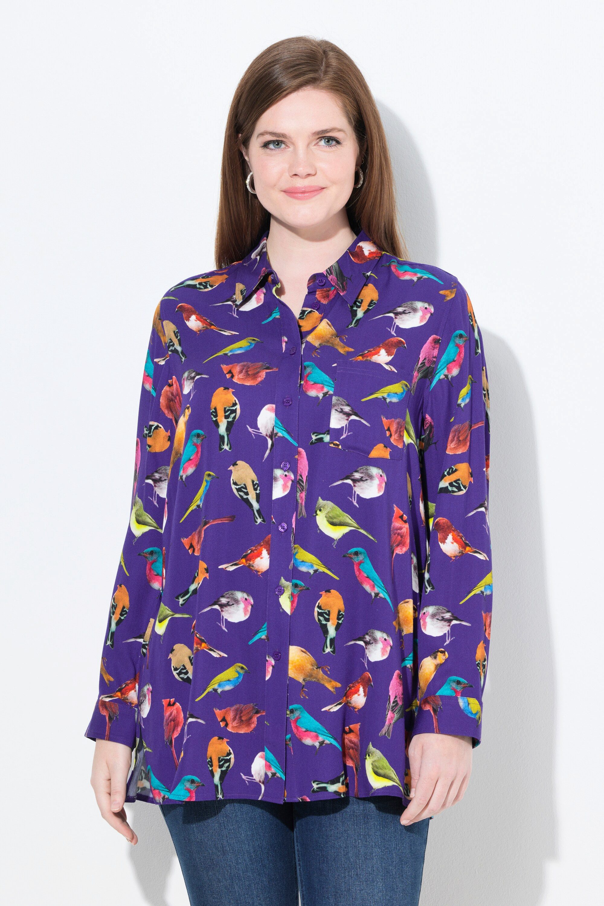 Ulla Popken Hemdbluse Hemdbluse Vögel Hemdkragen Langarm