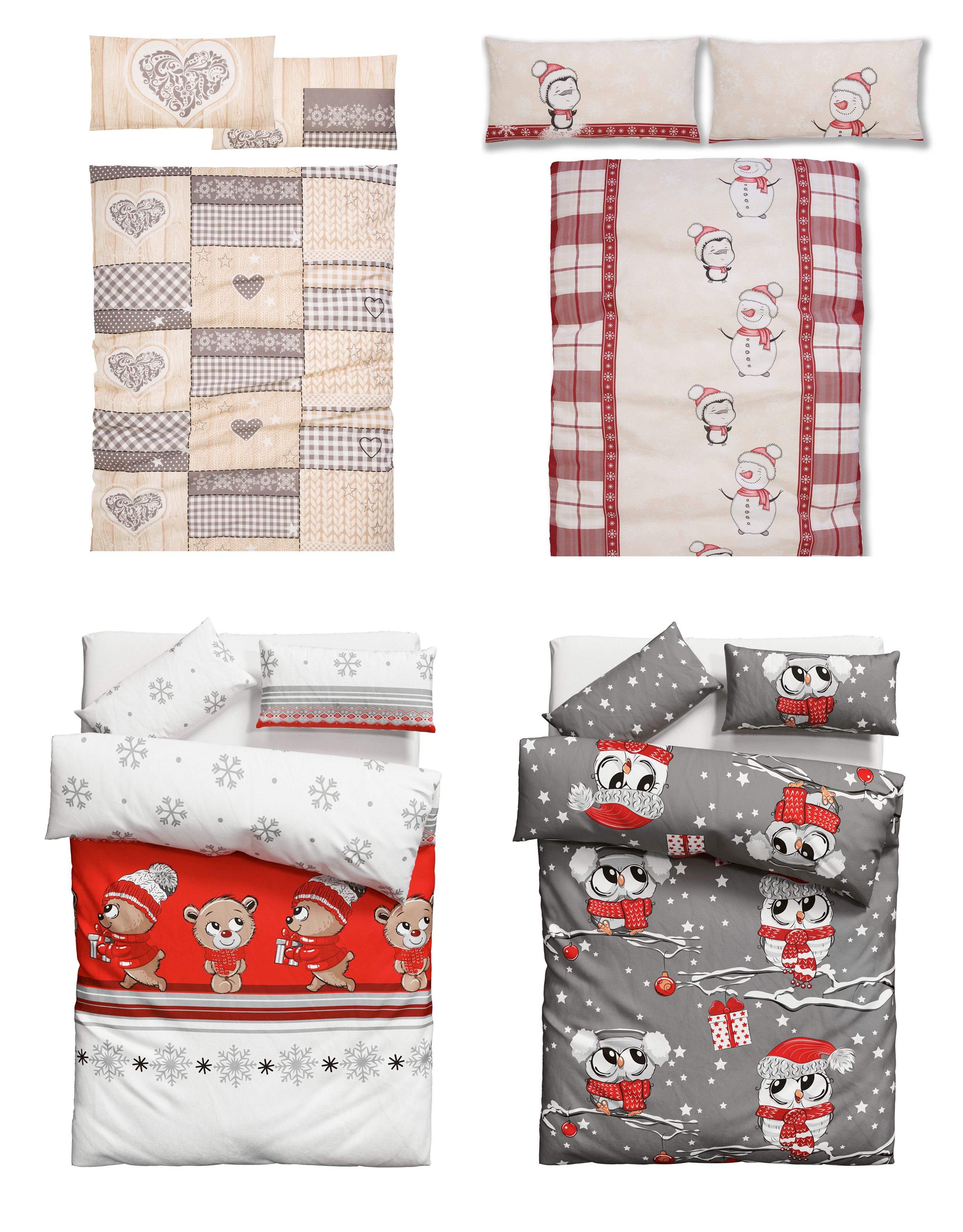 my home Bettwäsche Janina in Gr. 135x200 oder 155x220 cm, Biber, 2 teilig, 100% Baumwolle, viele Winterdesigns: Patchwork, Schneemann, Eule, Bär