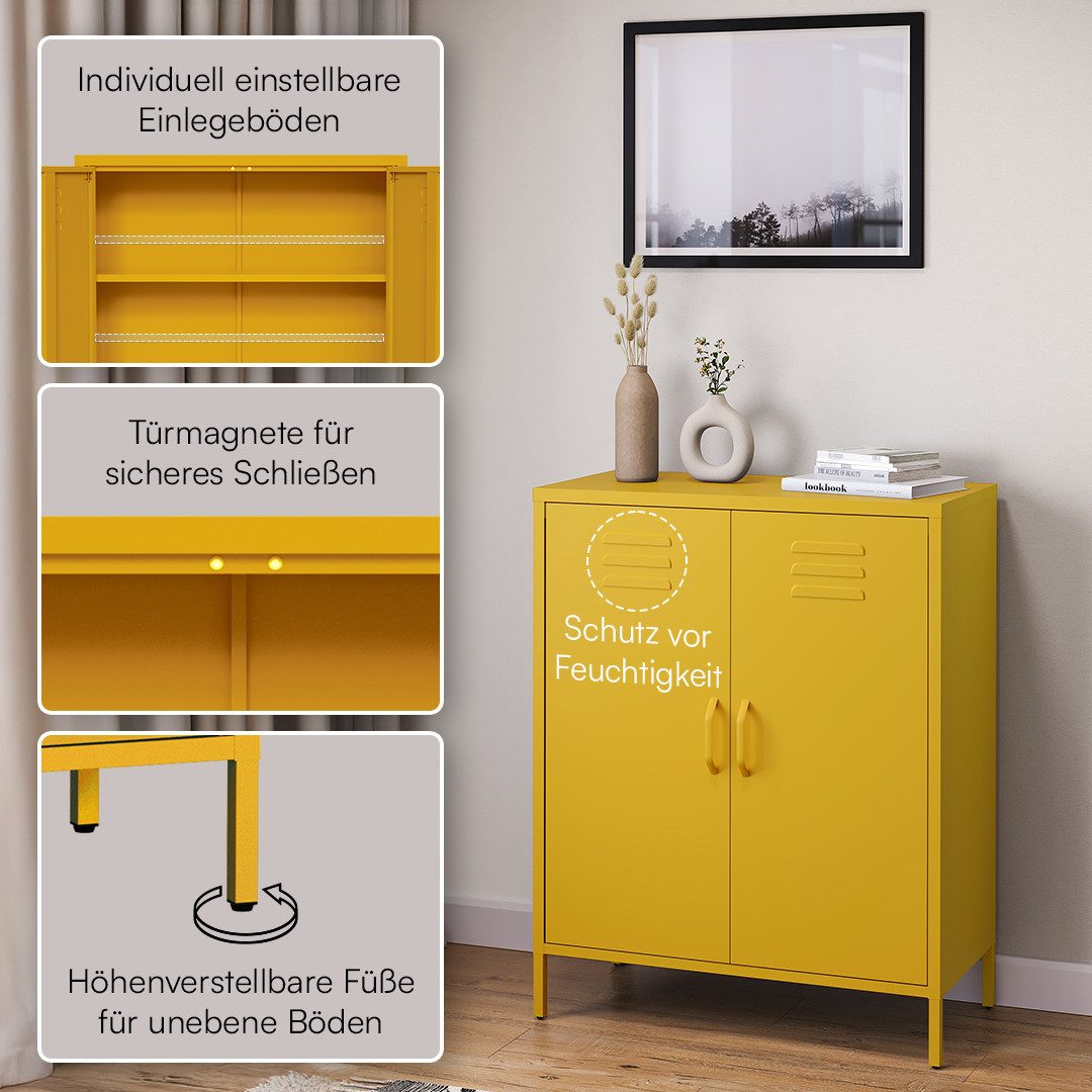 skølm Kommode Atria aus Metall (Senfgelb, 3 Fächer), höhenverstellbare Böden, Highboard auch verfügbar mit Schubladen