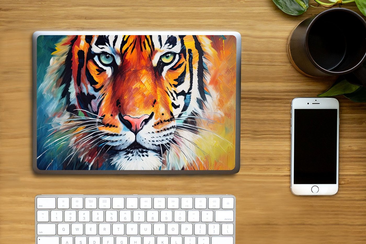 Thumbnail - MuchoWow Laptop-Aufkleber Tiger - Tiere - Ölgemälde - Kunst, (1tlg), Laptop Folien Cover, Aufkleber, Sticker, Schutz vor...