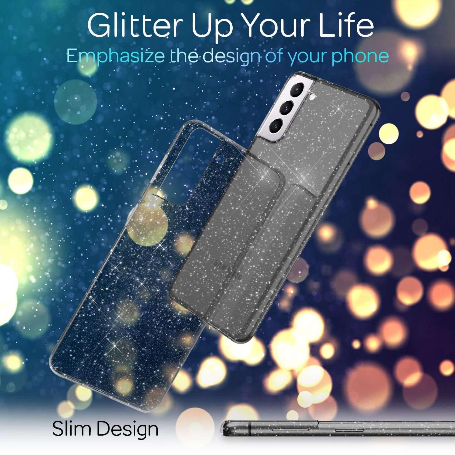 Nalia Smartphone-Hülle Samsung Galaxy S21 15,7 cm (6,2 Zoll), Klare Glitzer Hülle / Silikon Transparent / Glitter Cover / Bling Case