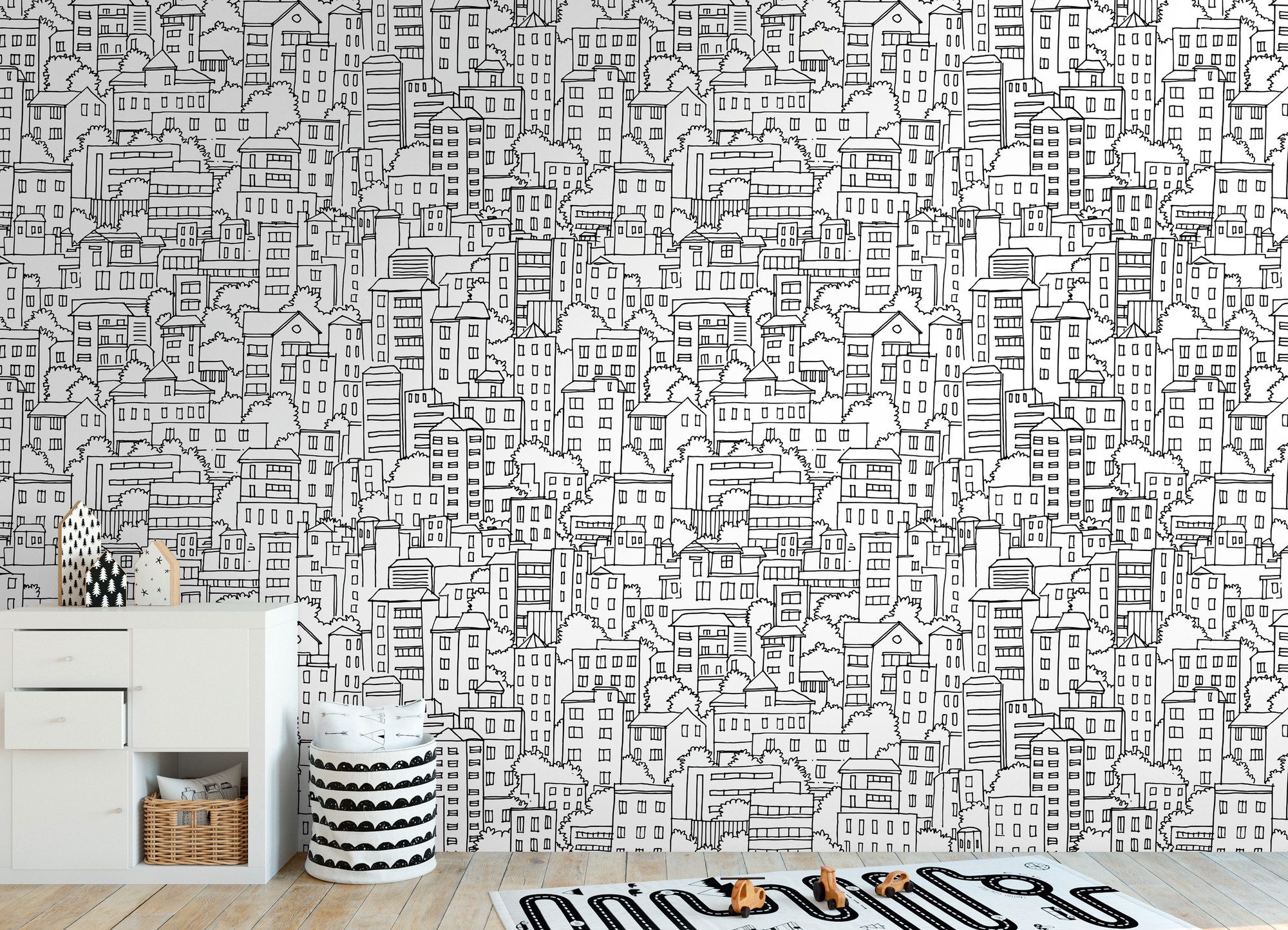 living walls Fototapete THE WALL III Tapete mit Häusern Motivtapete Zeichnung Kunst, glatt, matt, (1 St), Vliestapete Kinderzimmer für Schlafzimmer Küche Wohnzimmer Häuser Flur