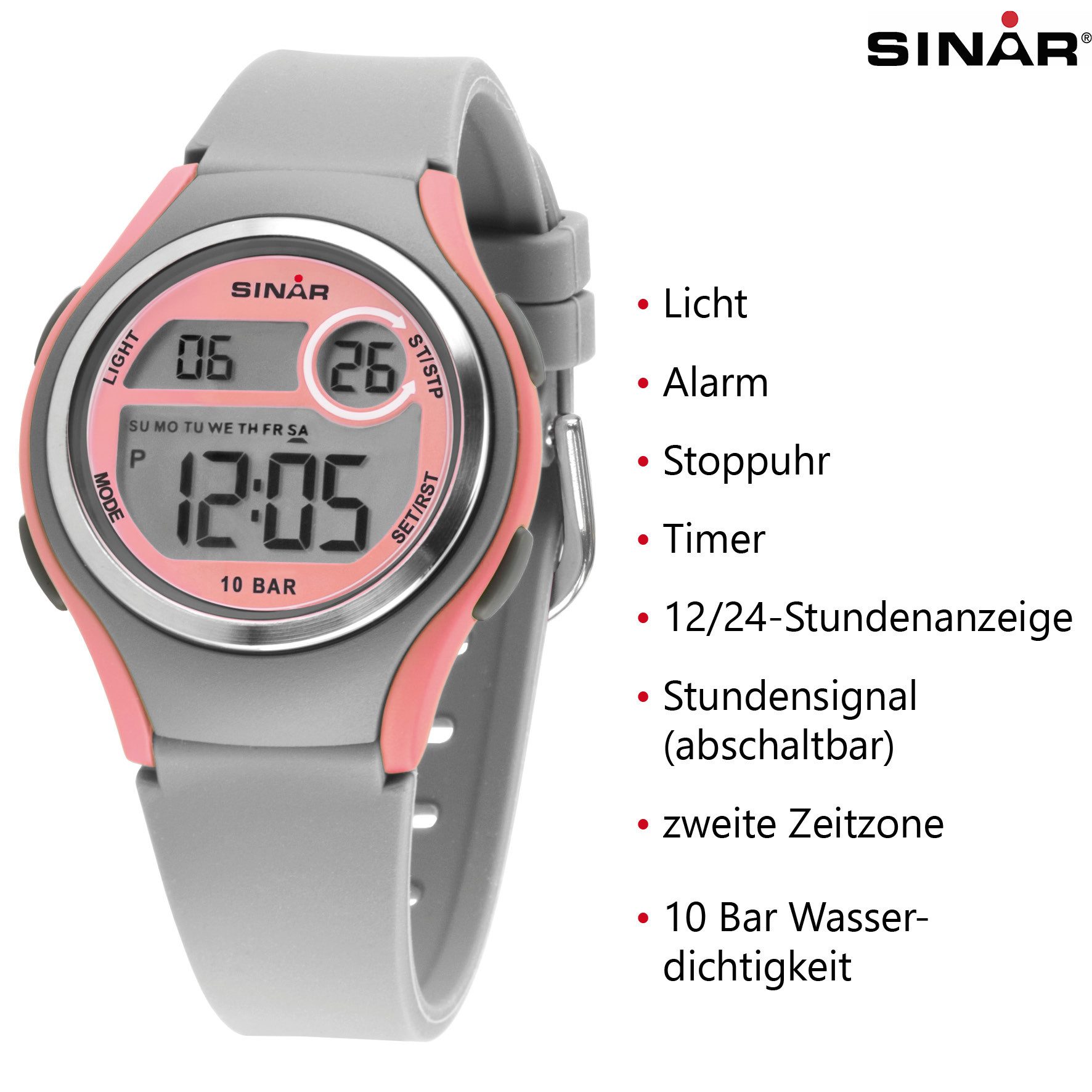 SINAR Digitaluhr XE-64 Jugend Armbanduhr Sportuhr Silikonband 10 bar, digital sportlich modern Geschenkidee Jugend Ø 36 mm