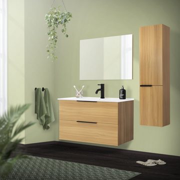 ML-DESIGN Badezimmer-Set Waschtisch Badezimmermöbel Badezimmer Möbel Spiegel Badset, 4er Set Braun LED-Spiegel 90x60cm Waschtisch 91cm Keramik Hochschrank