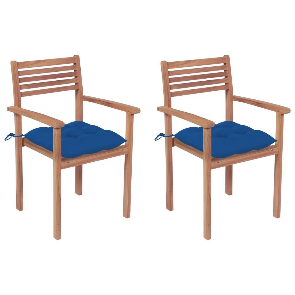 vidaXL Gartenstuhl Gartenstühle 2 Stk. mit Blauen Kissen Massivholz Teak (2 St) | Stühle