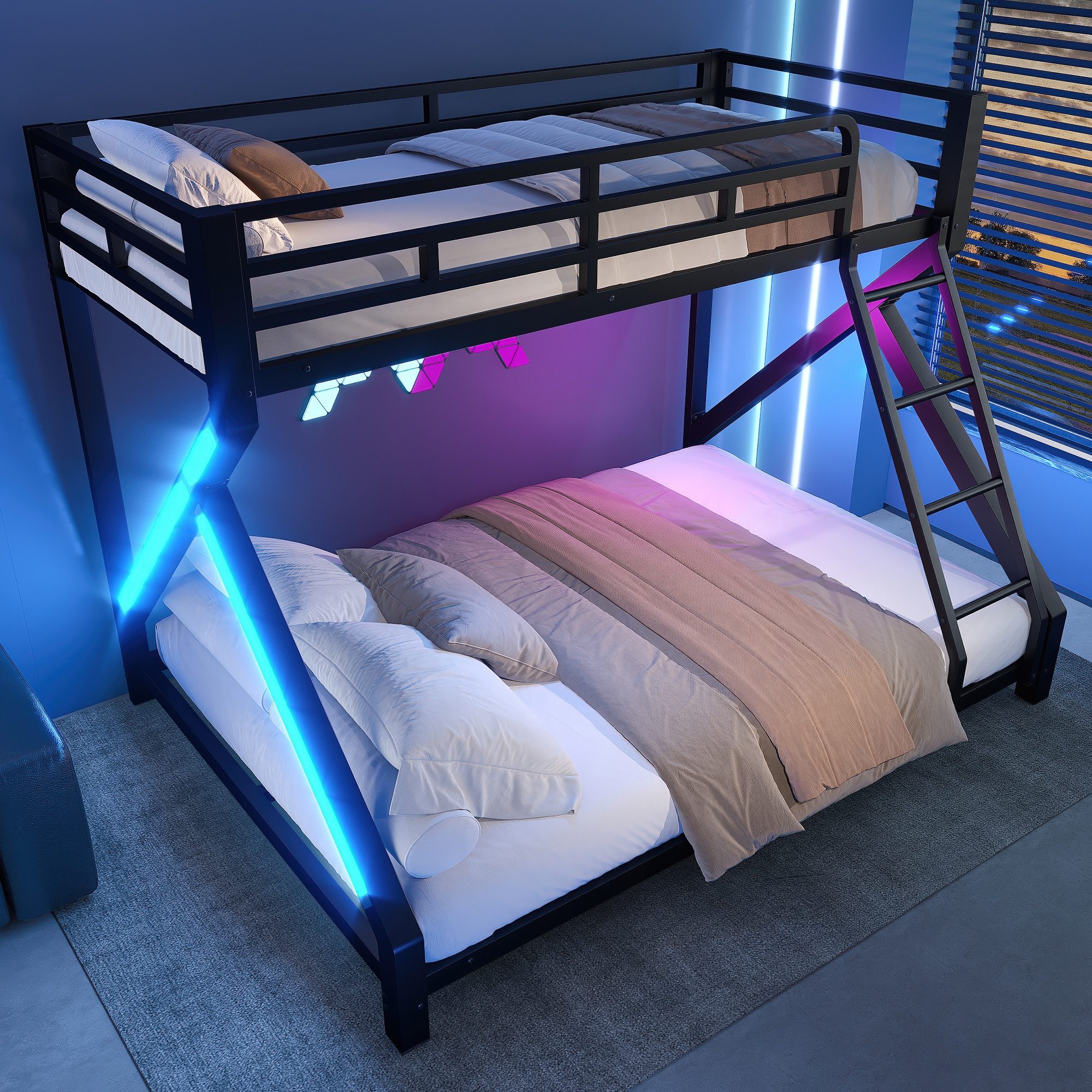 Flieks Etagenbett, Kinderbett Metallbett 90/140x200cm mit LED-Lichtleiste Schrägleiter