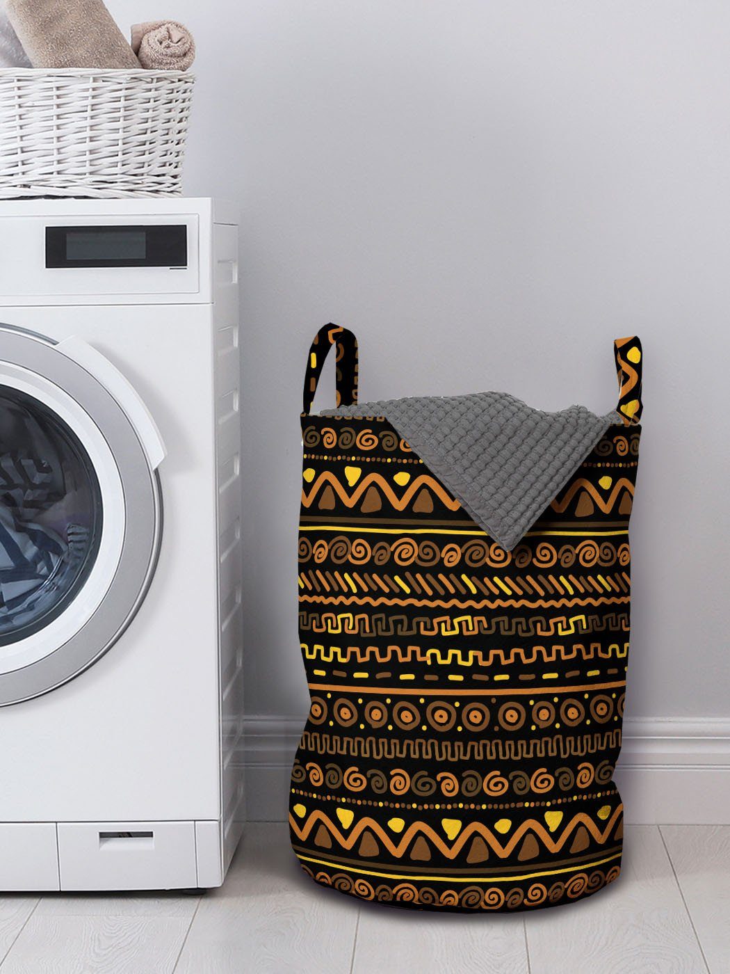 Gekritzel-Kunst Griffen Wäschekorb für Timeless Wäschesäckchen mit afrikanisch Waschsalons, Kordelzugverschluss Abakuhaus