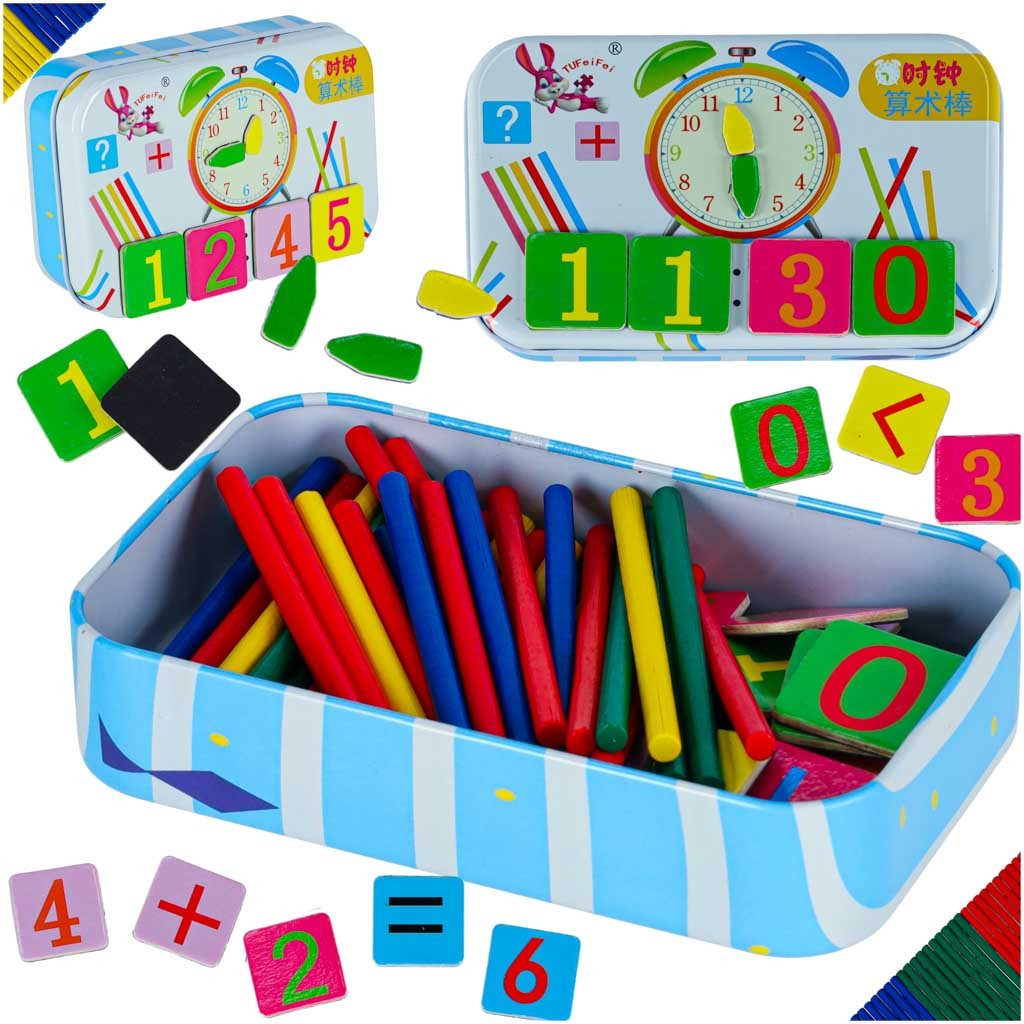 Ikonka Lernspielzeug Lernuhr Rechenstäbchen Zahlenspiel (Spar-Set, 1-St., 13 x 8 x 3 cm magnetisch), Lernuhr, Rechenstäbchen, magnetische Zahlentafeln