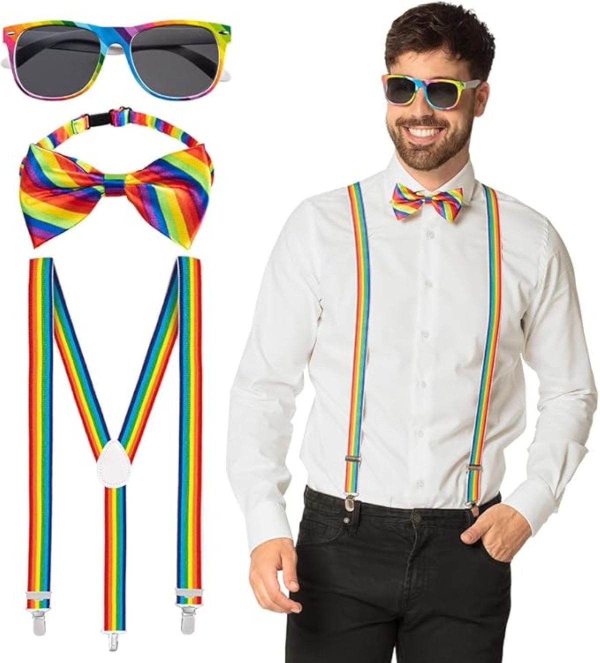 Boland Verkleidungsmaske Partyset Hosenträger, Brille und Fliege, Regenbog günstig online kaufen