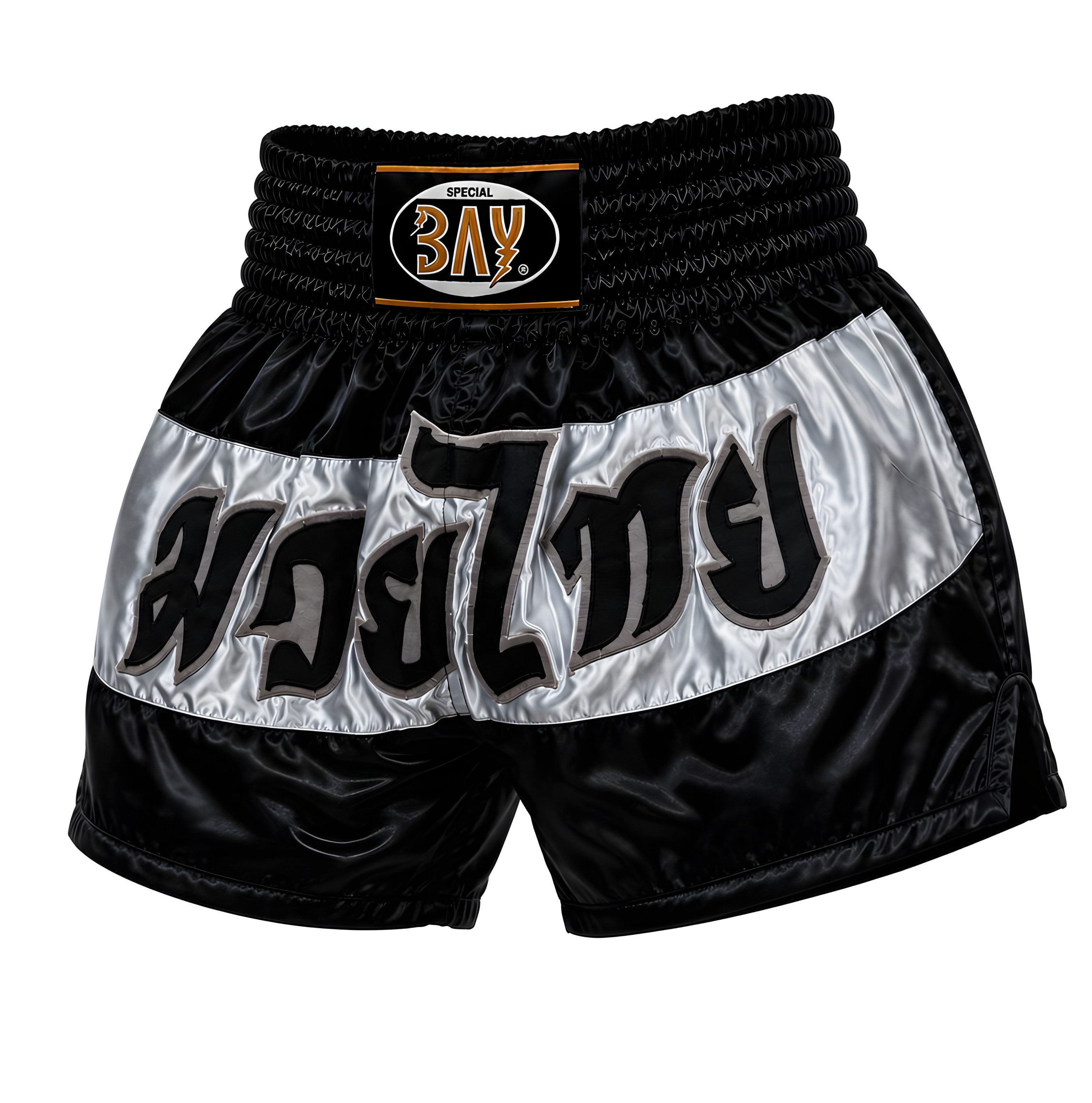 BAY-Sports Sporthose Fashion Thaiboxhose schwarz grau Thaiboxshorts Hose Muay Thai Herren (schwarz, Stück) Dickes Polyester aufgenähte Thai Schrift schwarz/grau Elastikbund