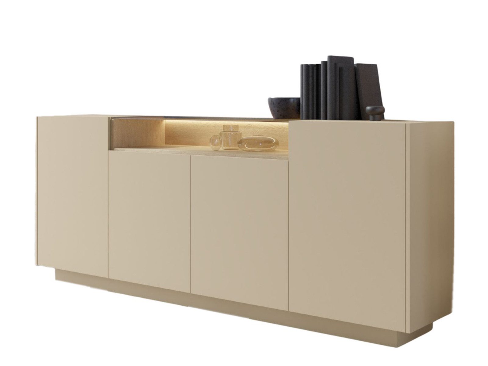 Compleo Kommode 203 cm breit, Sideboard modern und elegant, 4 Türen, gehärtetes Glas