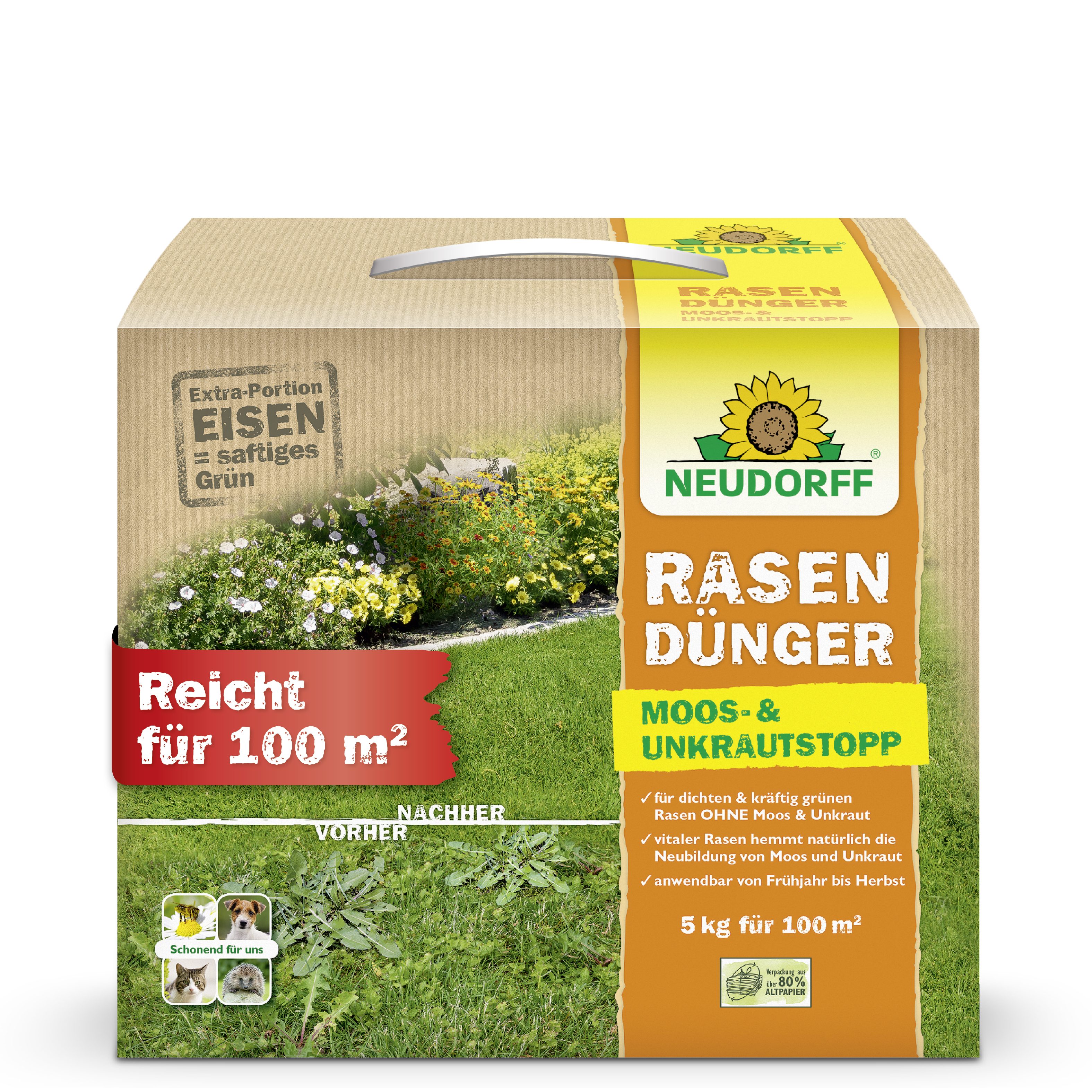 Neudorff Rasendünger RasenDünger Moos- & UnkrautStopp 5 kg, Feines Granulat für bis zu 100 m² Rasenfläche, Organisch-mineralischer NPK-Dünger mit 2,3 % Eisen, Extra Eisen für kräftiges Grün & dichten Rasen