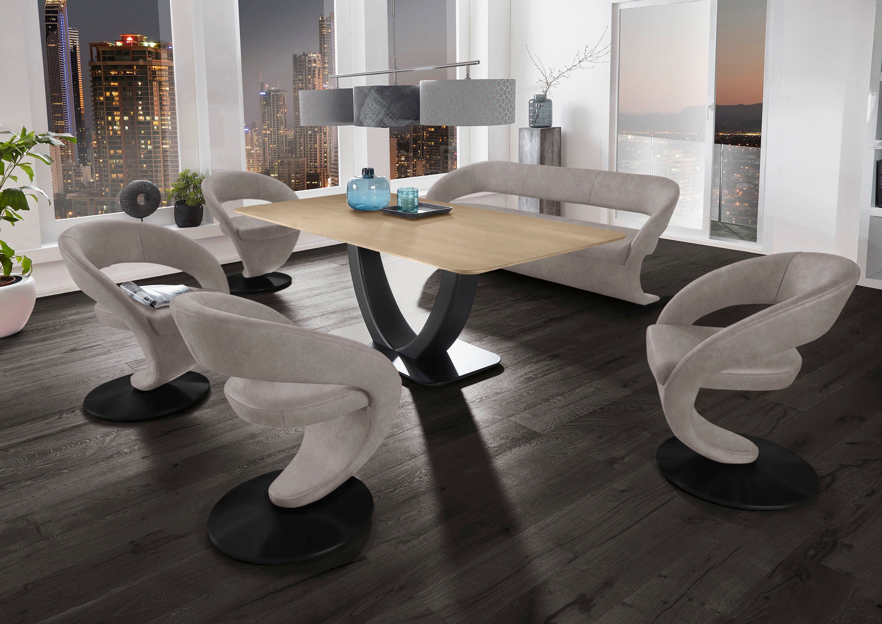 Wave, & Komfort Wohnen Design-Drehstühlen (Set), und Essgruppe mit 4 K+W Design-Solobank in Tisch 180x90cm