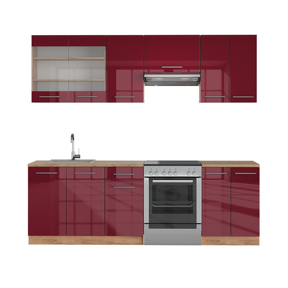 Vicco Küchenzeile Fame-Line, Bordeaux Hochglanz/Eiche Gold, 240 cm ohne Arbeitsplatte