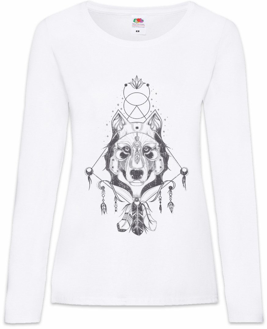 Langarmshirt Indian Wolf & Feathers Damen Langarmshirt Native American Häuptling