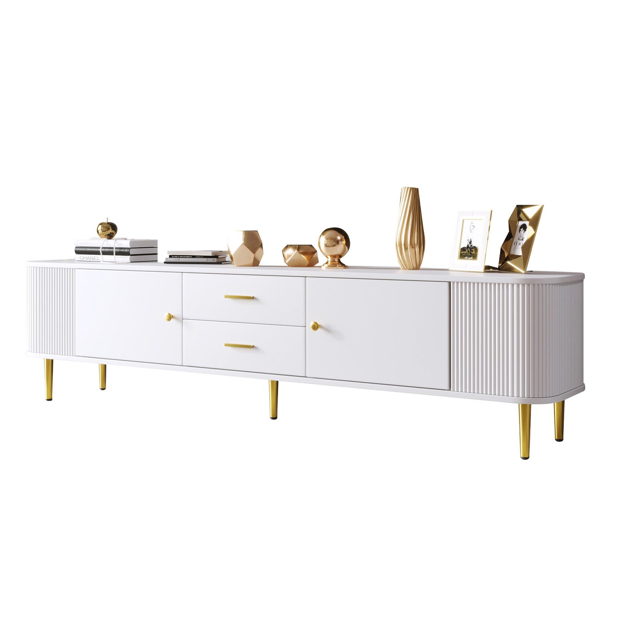 Lowboard mit gewellten Seiten,TV-Schrank TV-Regal mit goldenen Griffen&Beinen