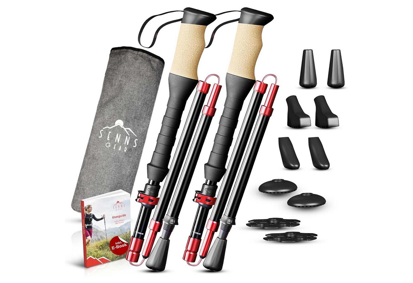 SENNS GEAR Wanderstöcke Wanderstöcke Faltbar Aluminium Nordic Walking Stöcke Trekkingstöcke (1 St), Inkl. Tasche / mit 5 Gummipuffer / mit Korkgriff & Griffverlängerung