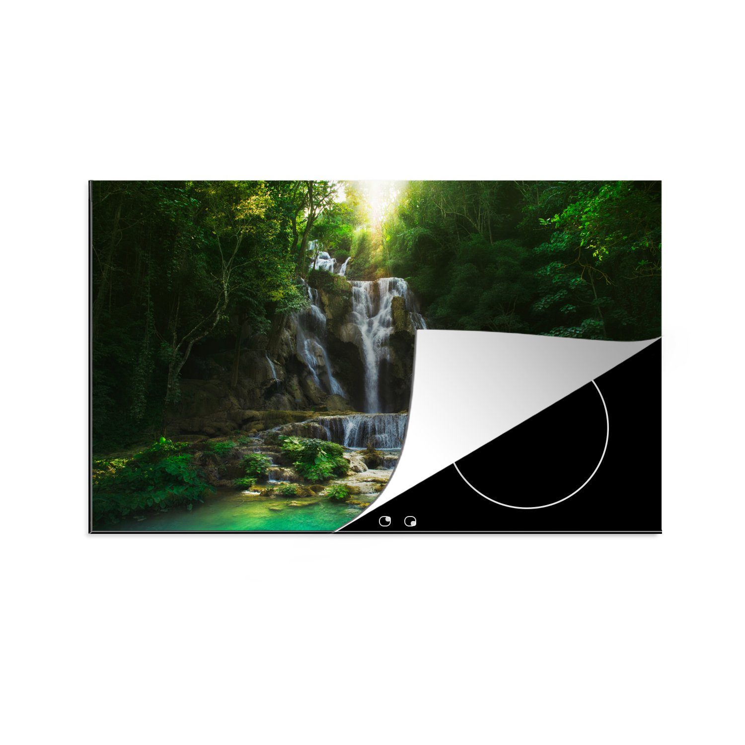 Induktionskochfeld tlg), - die Herdblende-/Abdeckplatte Vinyl, Ceranfeldabdeckung Wasserfall für - 81x52 cm, MuchoWow (1 Sonne Bäume, küche, Schutz