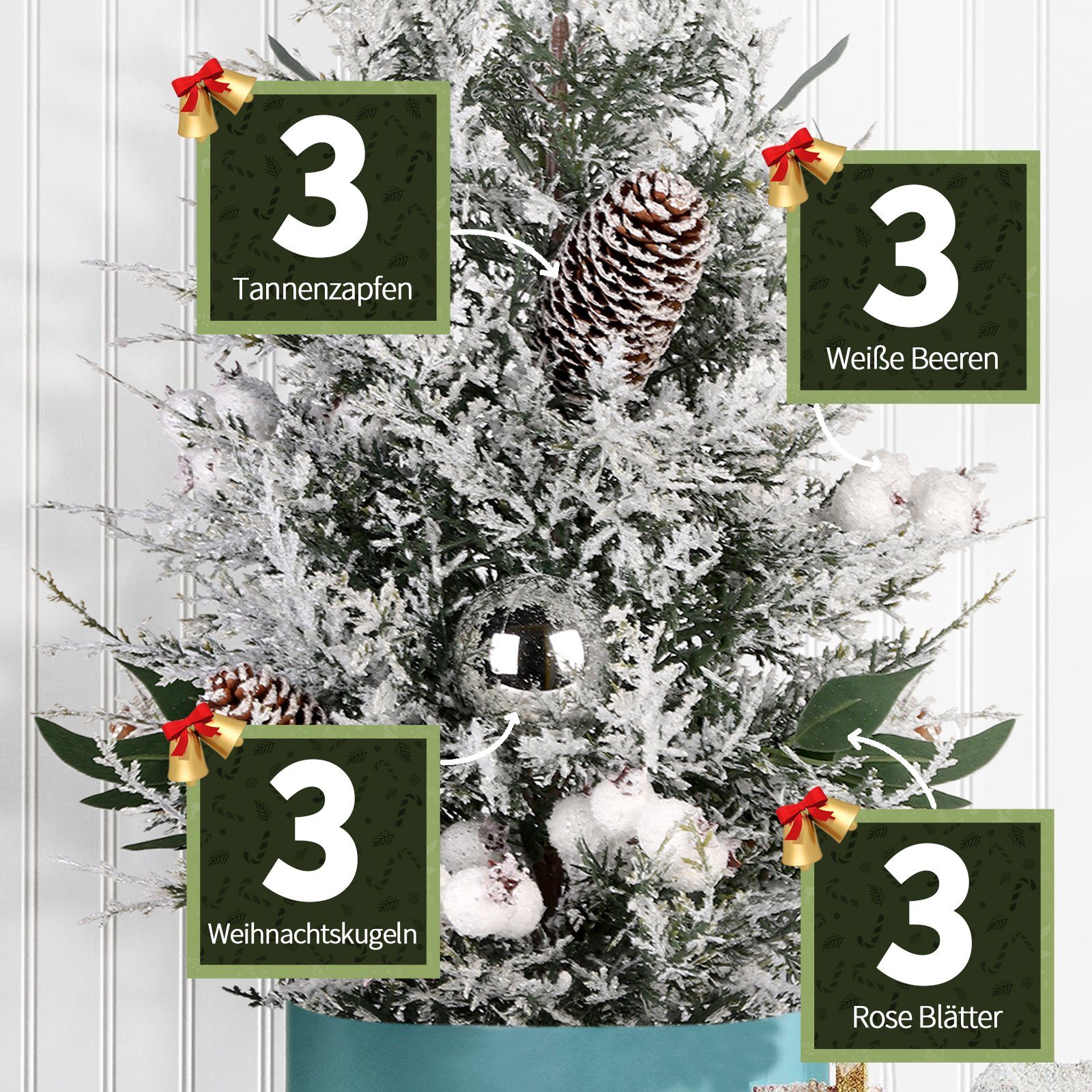 Salcar Künstlicher Weihnachtsbaum 50 cm Mini Christbaum mit Weihnachtsbaum Deko, mit Schnee, aus 100% PE, Mini Tannenbaum mit Schnee und Zementbasis – Bild 4 von 5