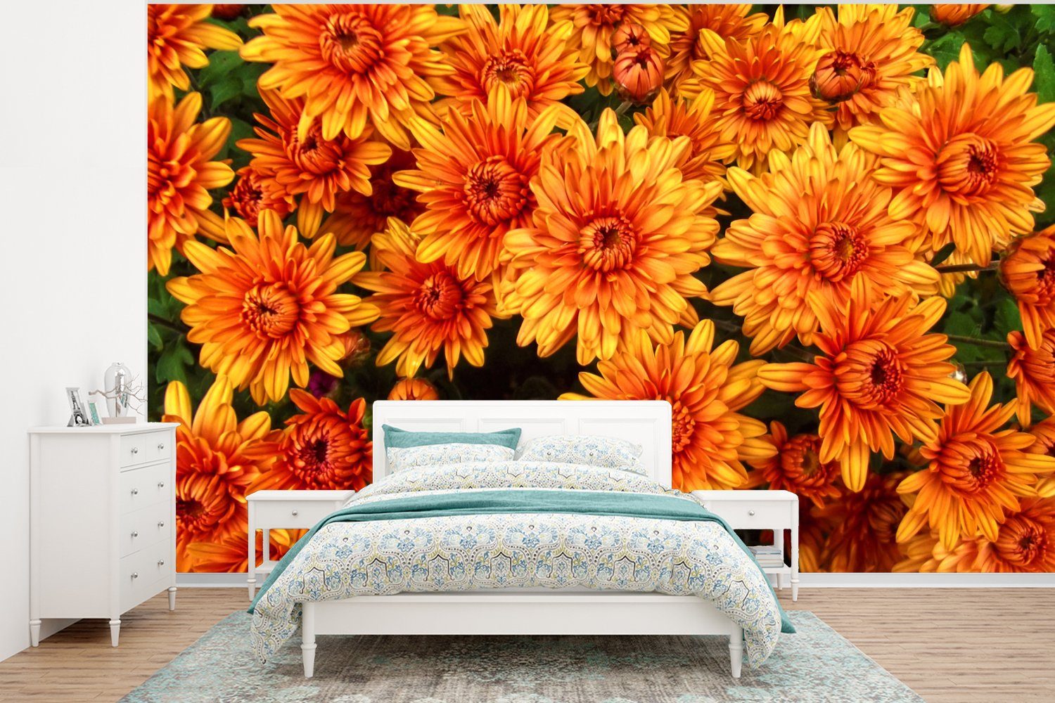 MuchoWow Fototapete Blumen - Orange - Chrysantheme, Matt, bedruckt, (6 St), Wallpaper für Wohnzimmer, Schlafzimmer, Kinderzimmer, Vinyl Tapete