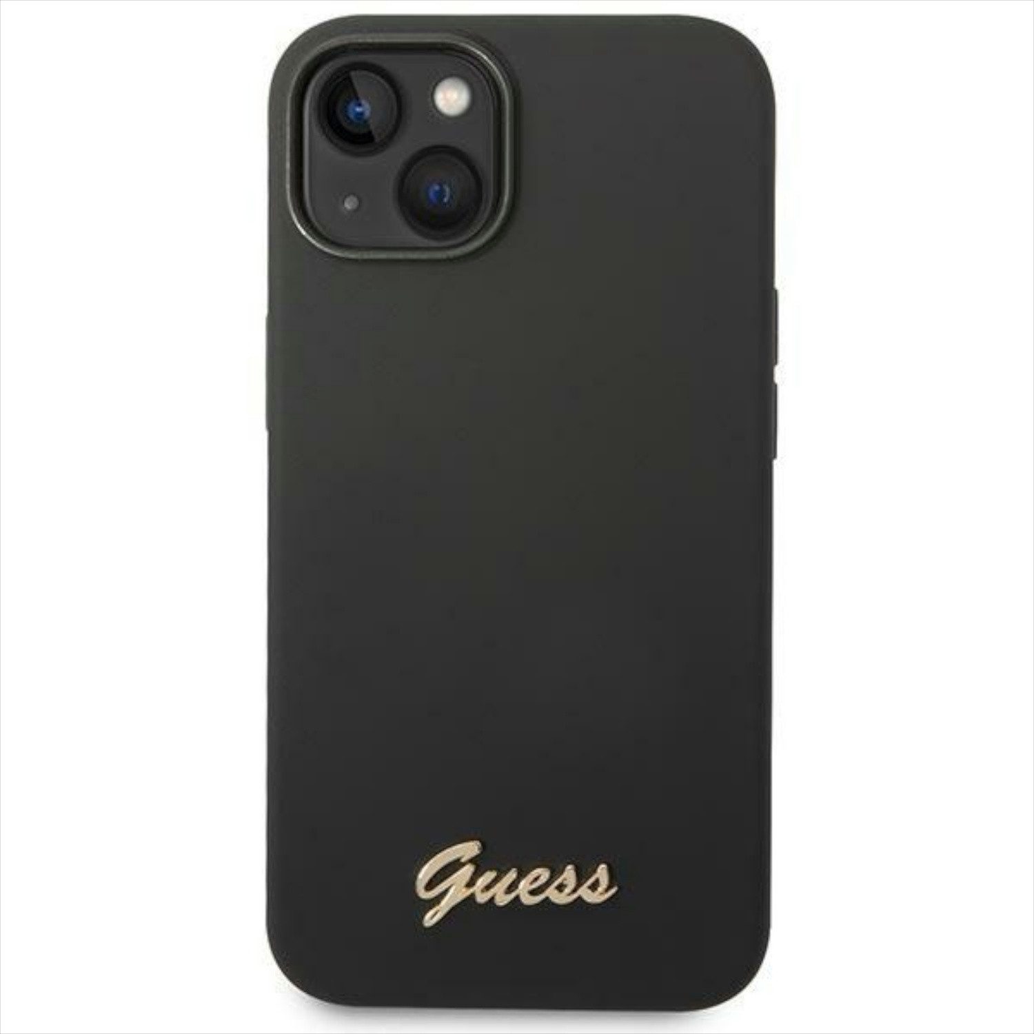 Guess Smartphone-Hülle Guess Apple iPhone 14 Plus Hard Case Silikon Vintage Gold Logo Schwarz