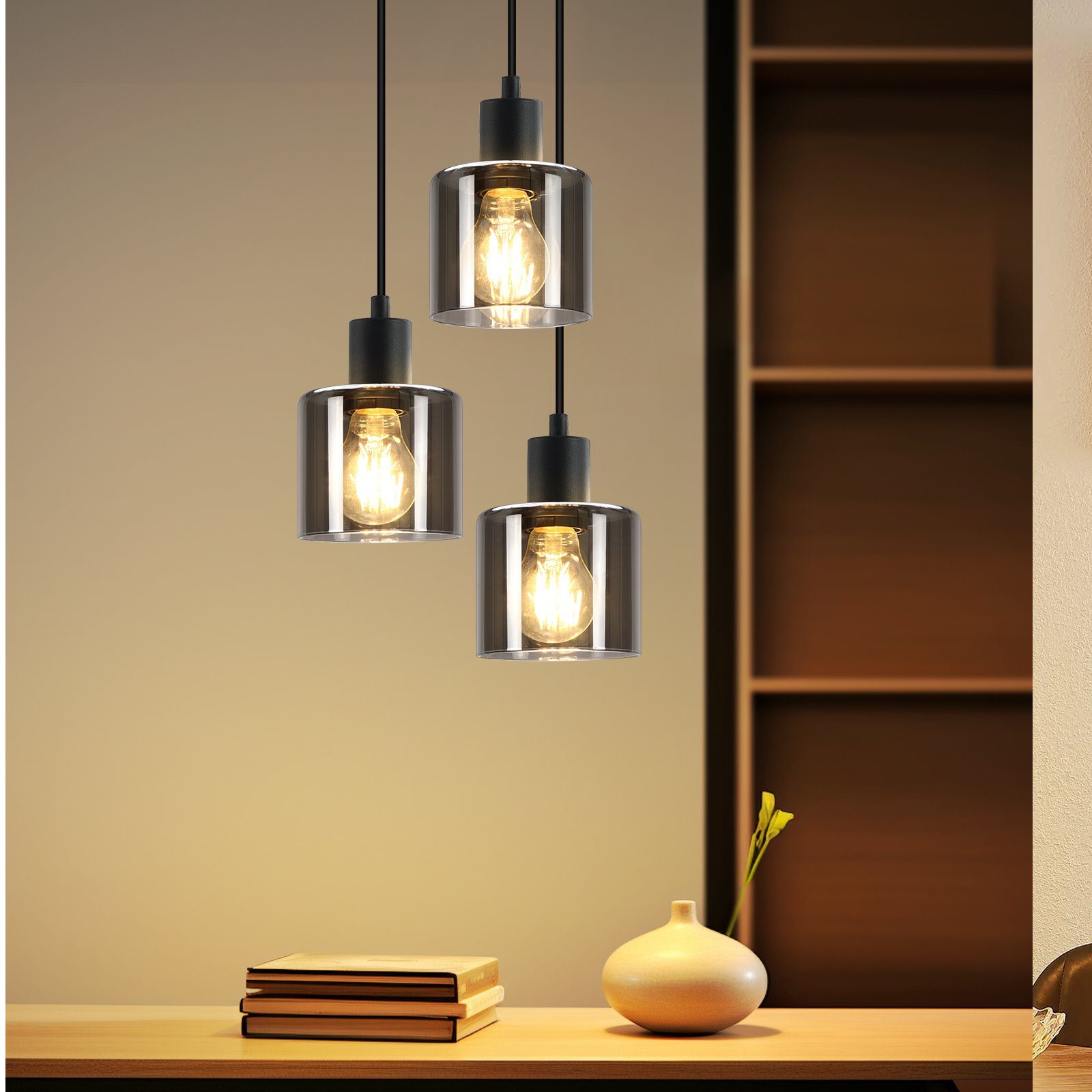 ZMH Pendelleuchte Esstischlampe Hängend Hängeleuchte Schwarz/Berstein - E27 Vintage Flur, ohne Leuchtmittel, Höhenverstellbar für Hotel Büro Vintage Esszimmerla – Bild 3 von 5