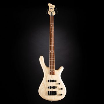 FAME E-Bass, E-Bass, Bass Gitarre mit 4 Saiten und Esche Korpus, Bass mit 2 aktiven Single Coils und aktiver 2-Band Klangregelung, Baphomet II 4 Natural Ash, E-Bass, 4-Saiten Bass Gitarre, Aktive Single Coils