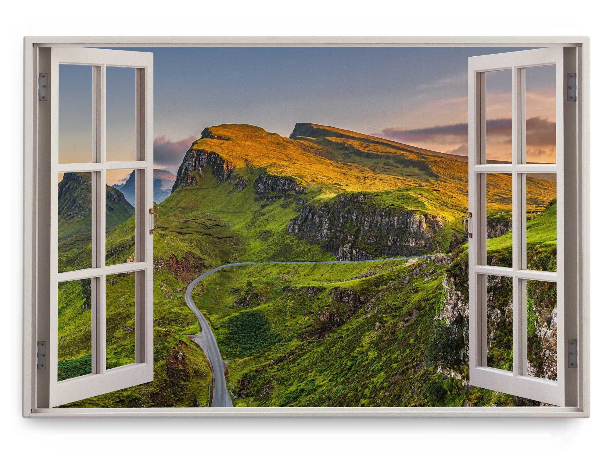 Sinus Art Leinwandbild Wandbild 120x80cm Fensterbild Quiraing Schottland Berge Gebirge Natur, (1 St)