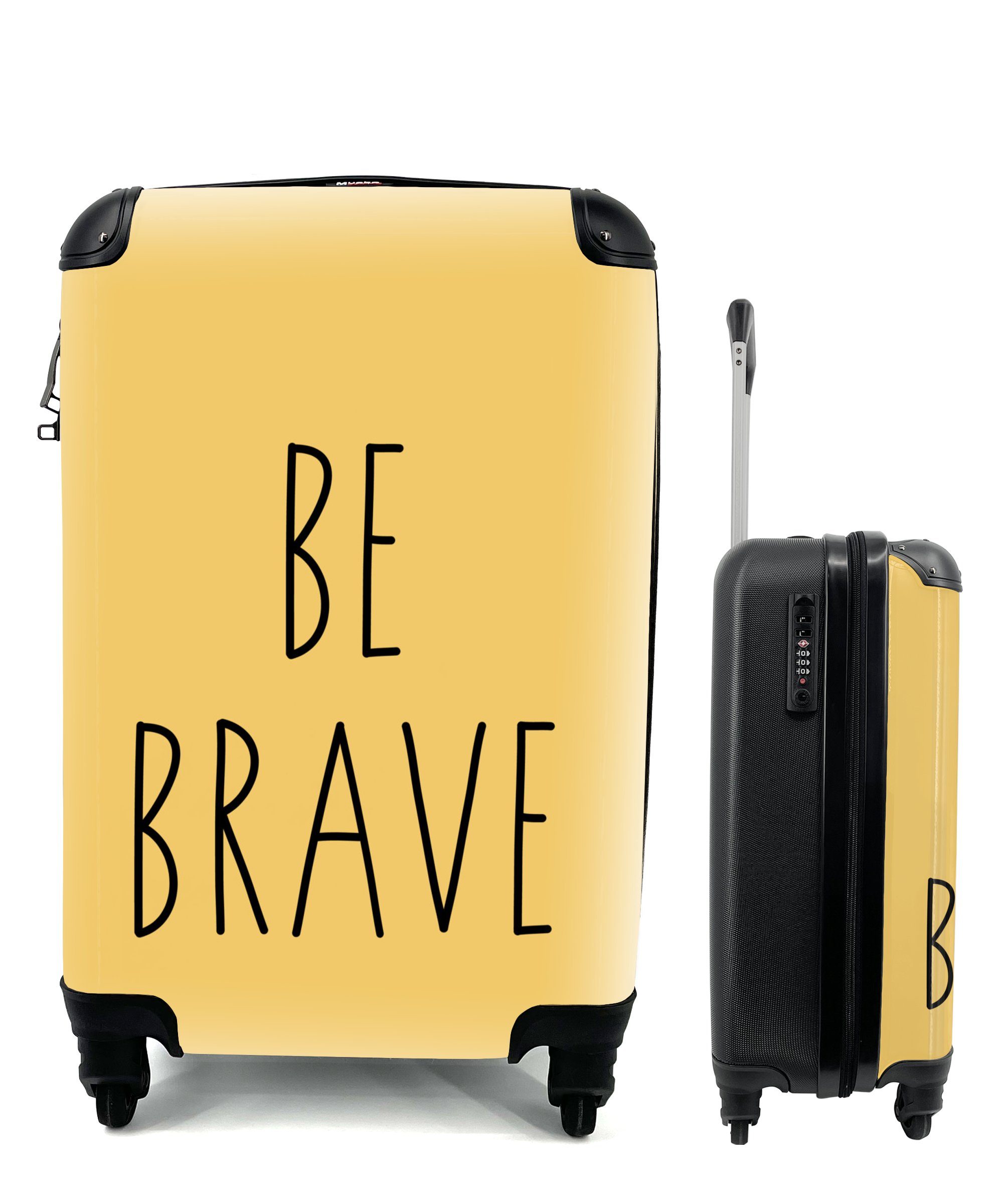 MuchoWow Handgepäckkoffer Illustration mit dem Zitat "Be brave" vor einem gelben Hintergrund, 4 Rollen, Reisetasche mit rollen, Handgepäck für Ferien, Trolley, Reisekoffer